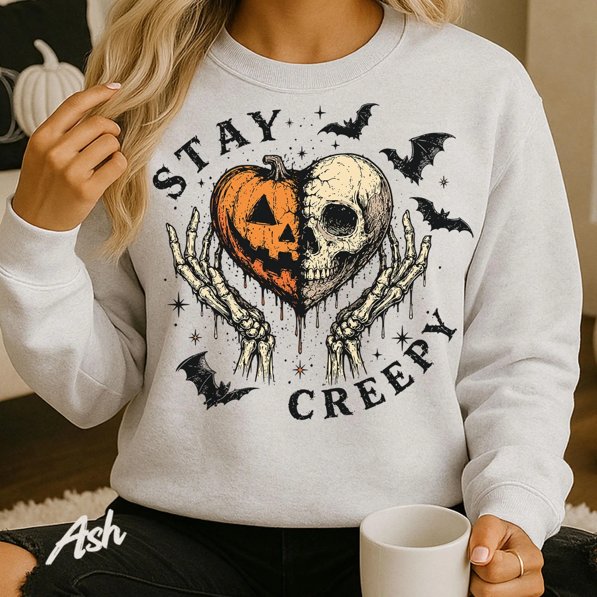 Stay Creepy Halloween Skeleton Sweatshirt, Cute Pumpkin Skull Bone Heart Funny Spooky Season Crewneck - photo 4