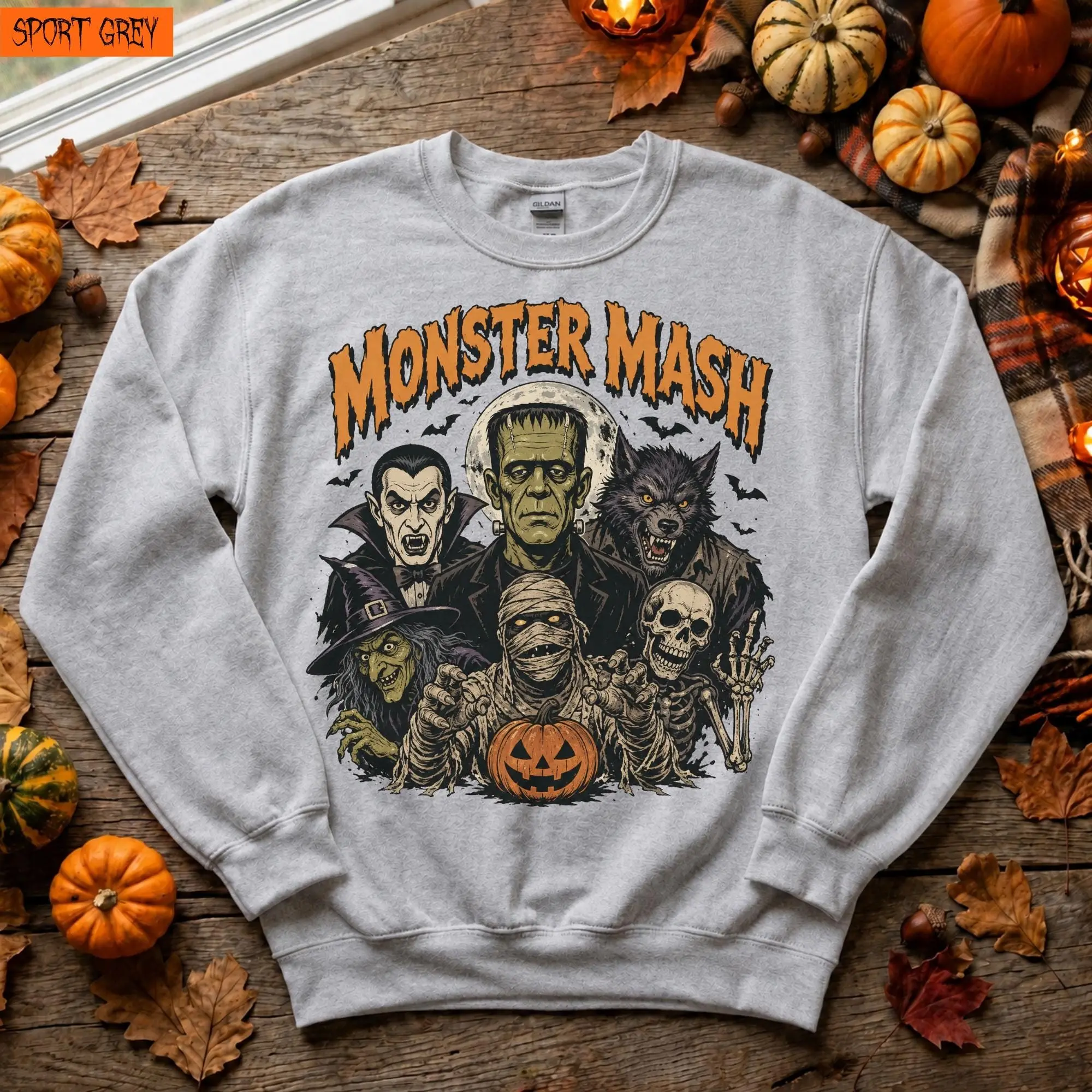 Vintage Monster Mash Sweatshirt, Retro Vampire Mummy Skeleton Halloween Horror Spooky Season Sweater