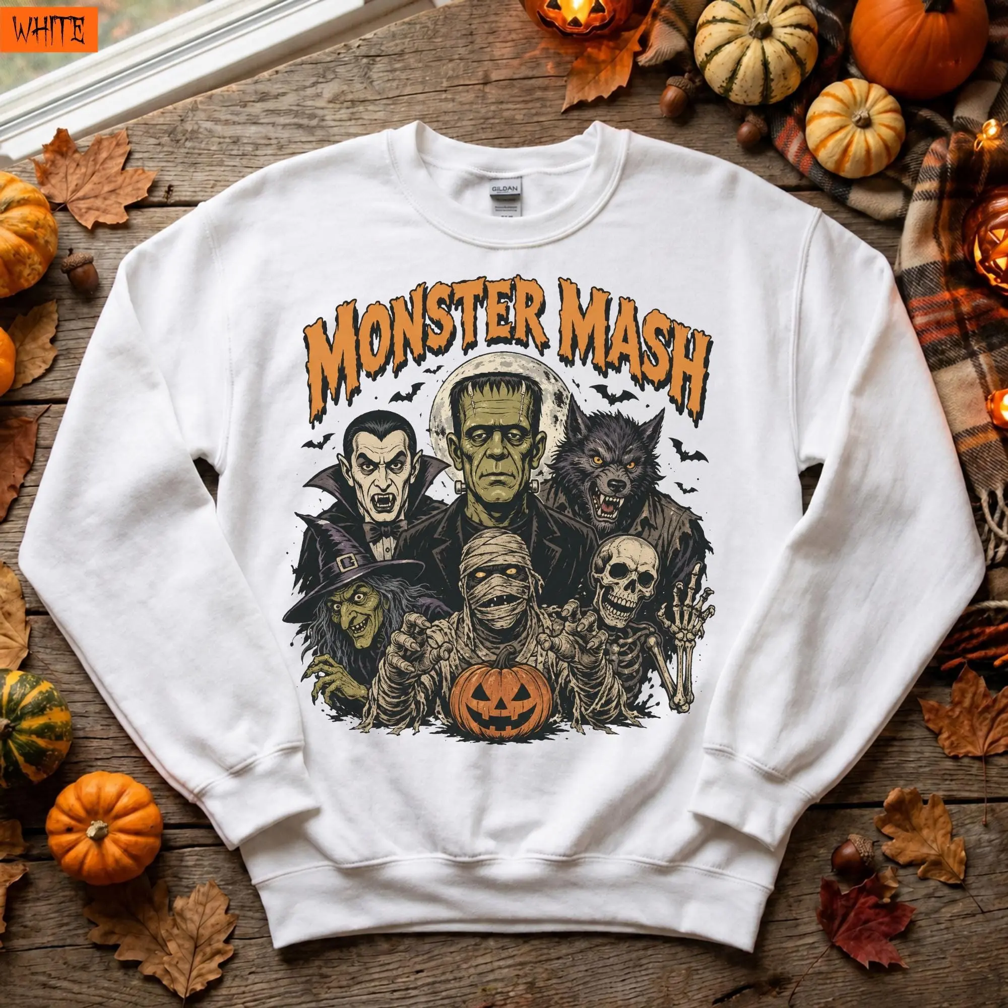 Vintage Monster Mash Sweatshirt, Retro Vampire Mummy Skeleton Halloween Horror Spooky Season Sweater - photo 2