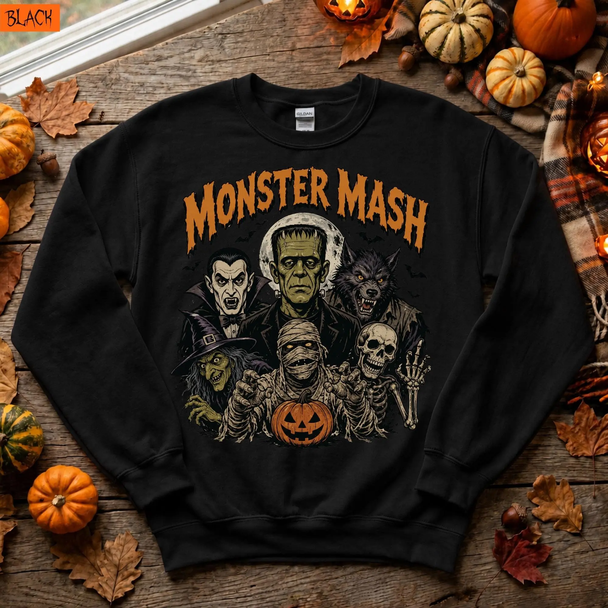Vintage Monster Mash Sweatshirt, Retro Vampire Mummy Skeleton Halloween Horror Spooky Season Sweater - photo 3