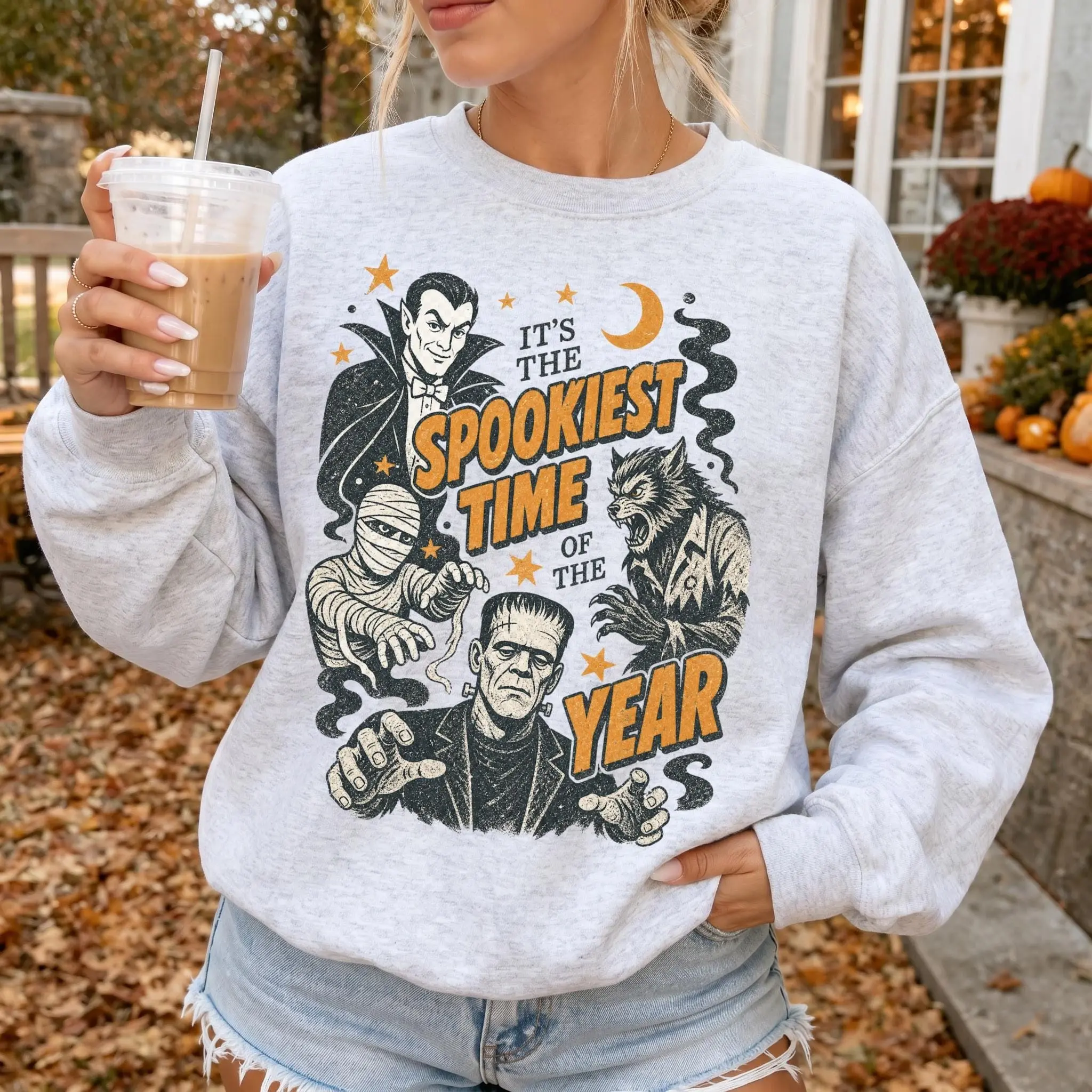 Vintage Spookiest Time Halloween Sweatshirt, Retro Classic Horror Lover Crewneck Gift