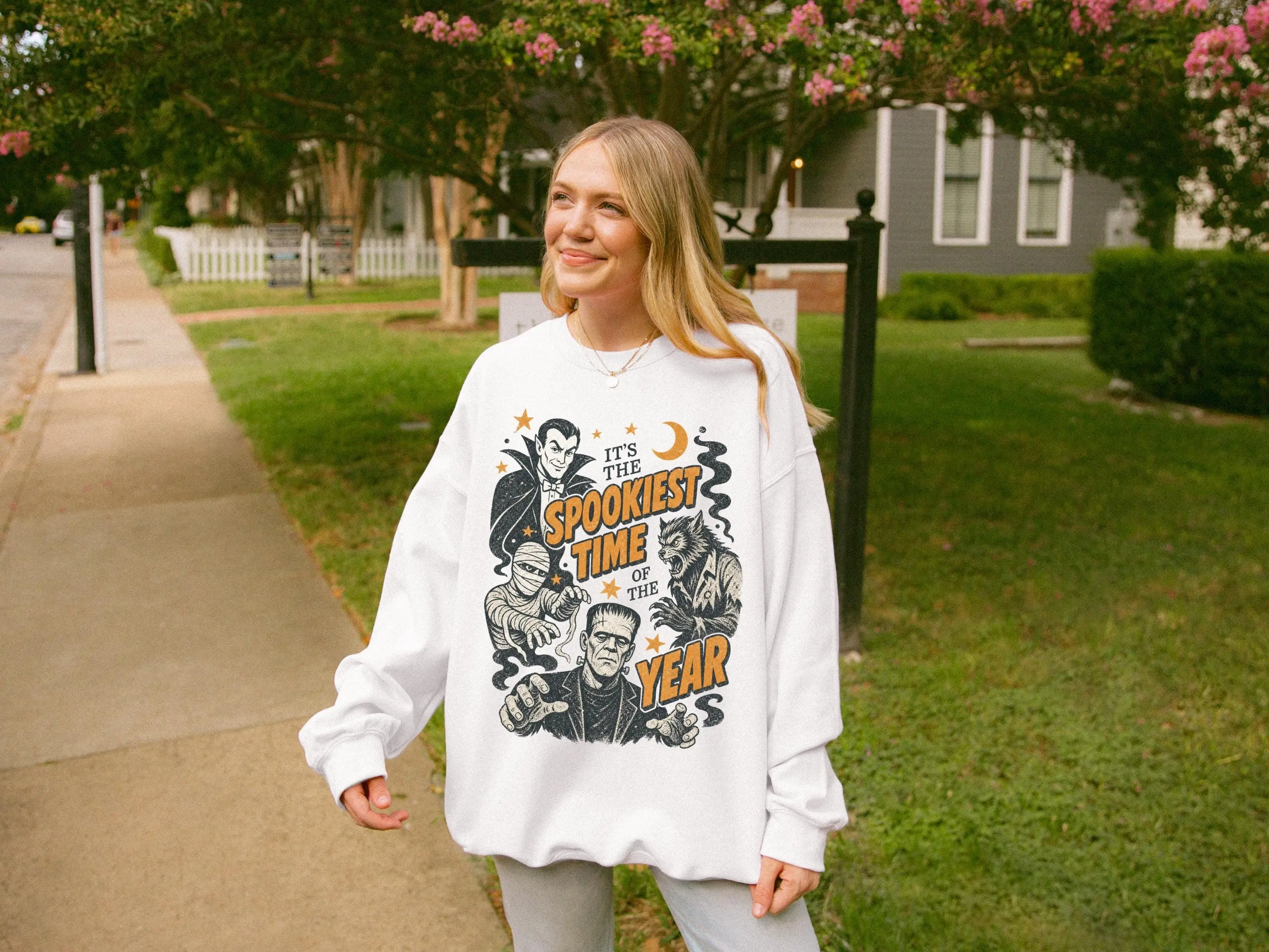 Vintage Spookiest Time Halloween Sweatshirt, Retro Classic Horror Lover Crewneck Gift - photo 2