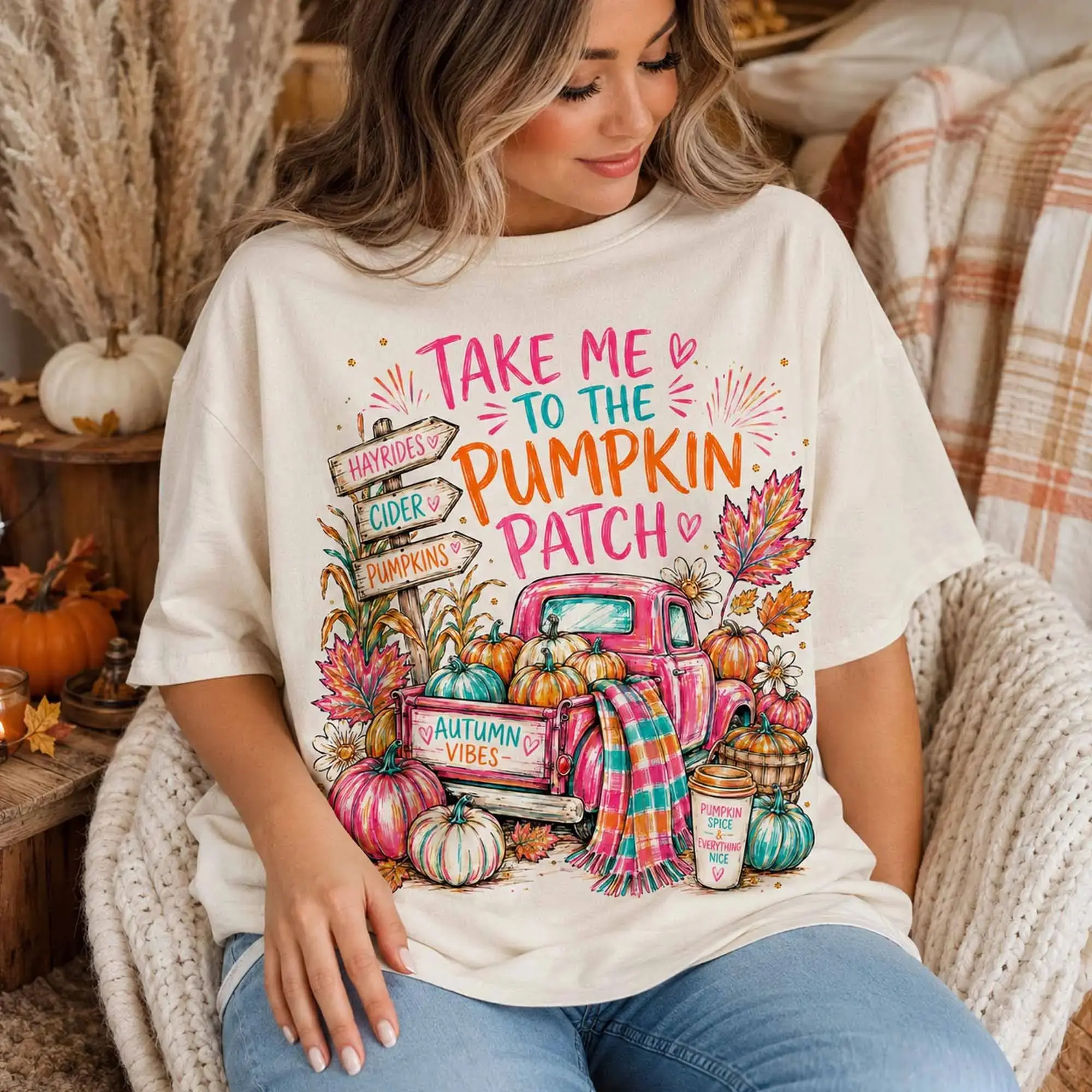 Take Me to the Pumpkin Patch Shirt, Colorful Autumn Graphic Tee, Preppy Coquette Style, Girly Halloween Tee