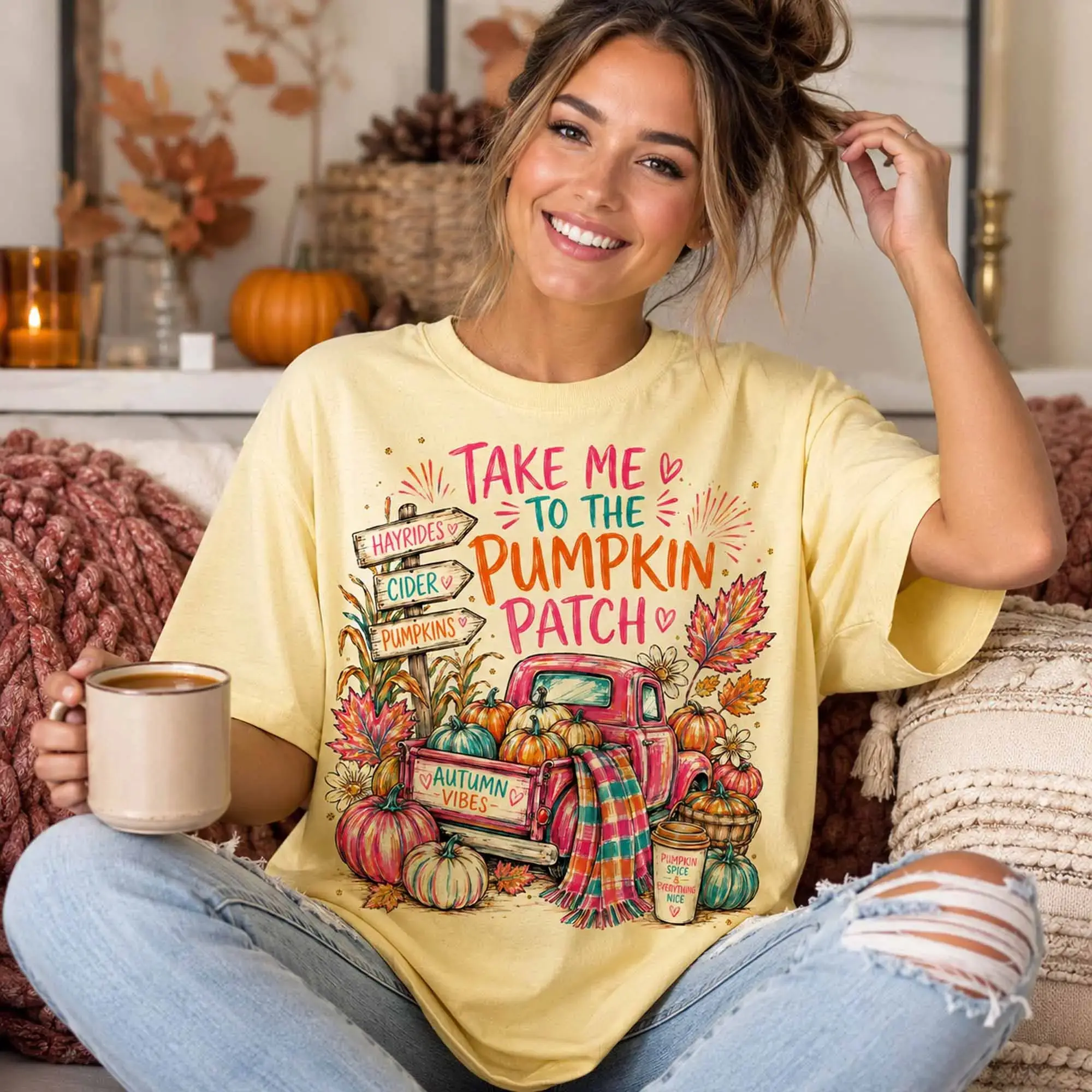 Take Me to the Pumpkin Patch Shirt, Colorful Autumn Graphic Tee, Preppy Coquette Style, Girly Halloween Tee - photo 2