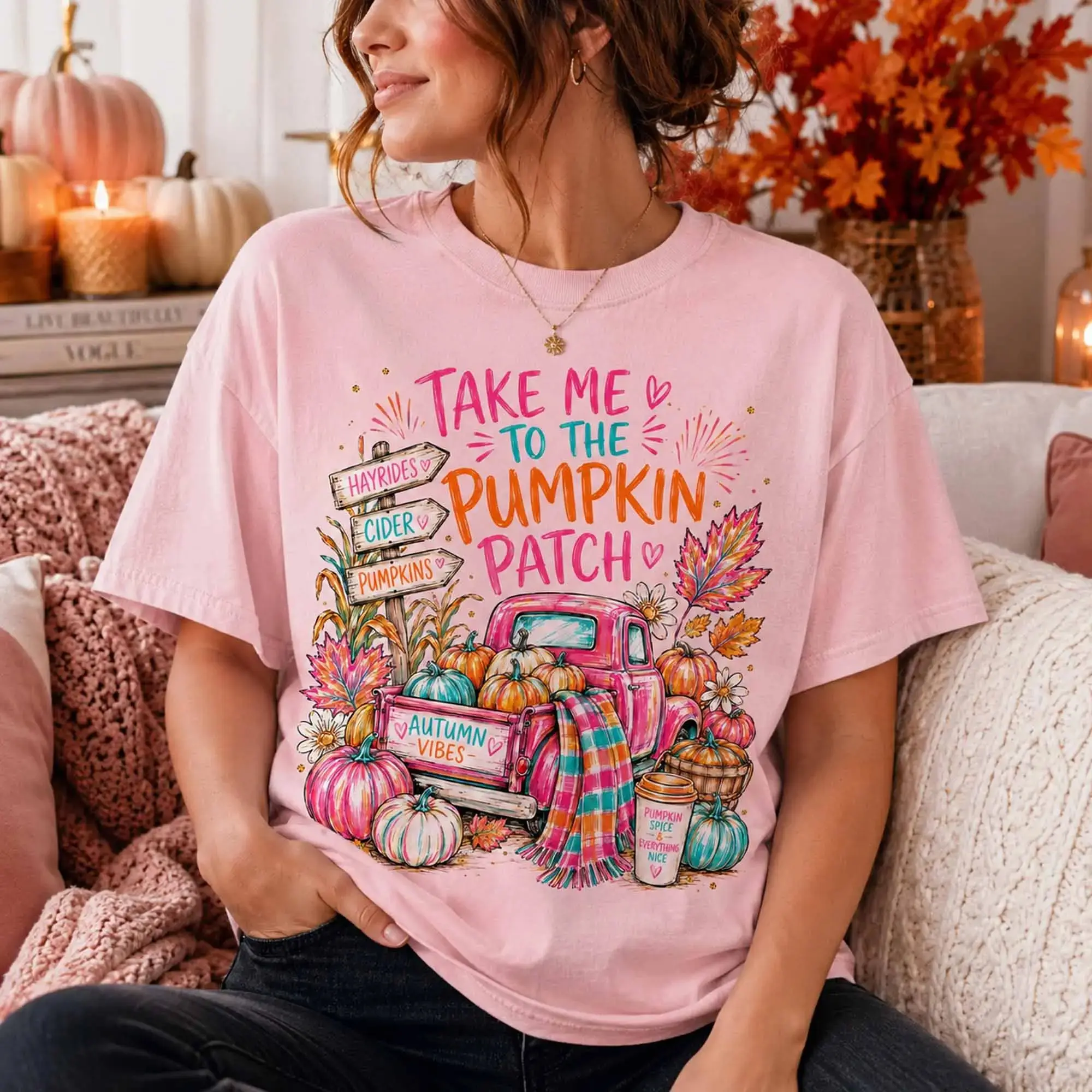 Take Me to the Pumpkin Patch Shirt, Colorful Autumn Graphic Tee, Preppy Coquette Style, Girly Halloween Tee - photo 4