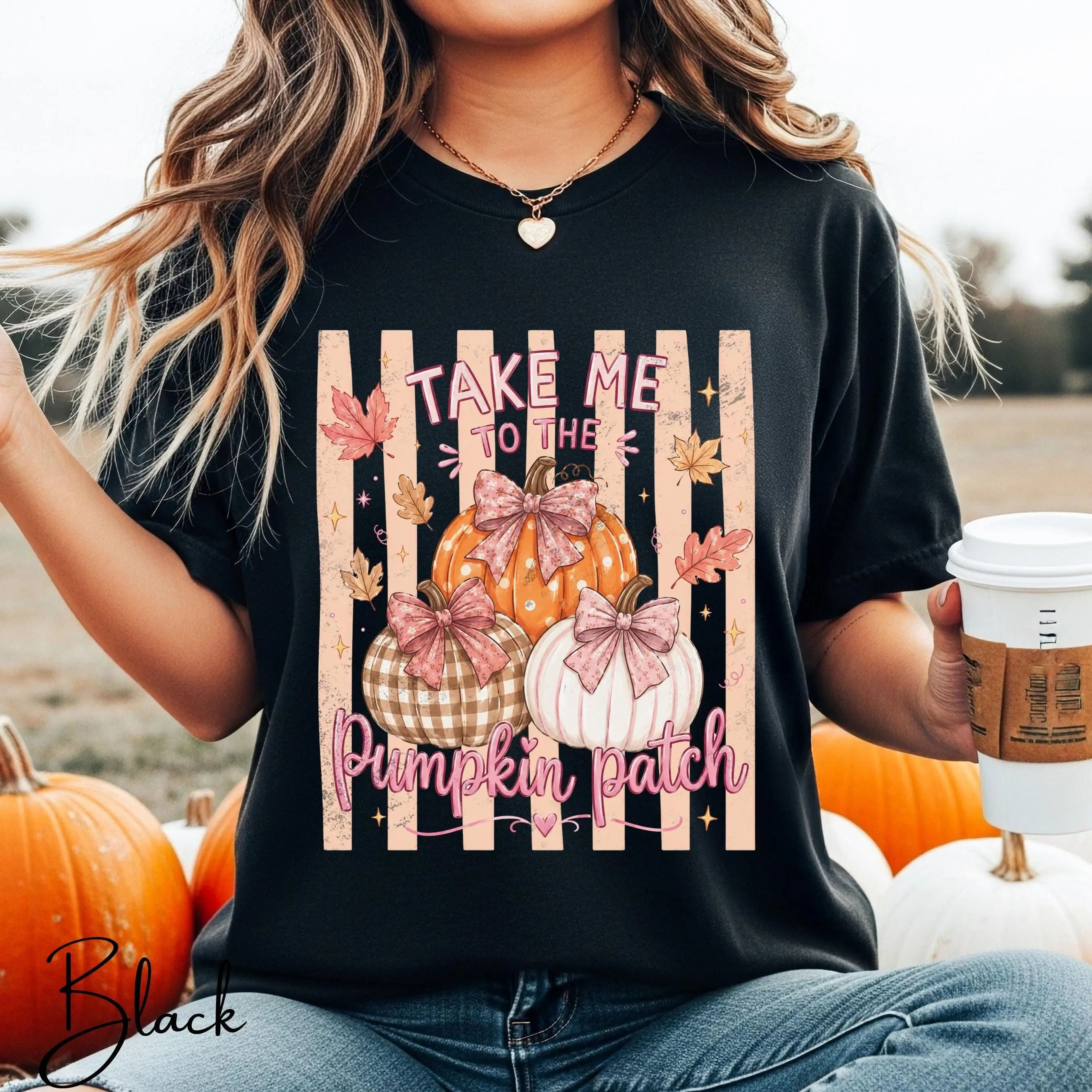 Take Me To The Pumpkin Patch Shirt, Coquette Bow Pink Stripe Fall Graphic Tee, Halloween Thanksgiving Gift