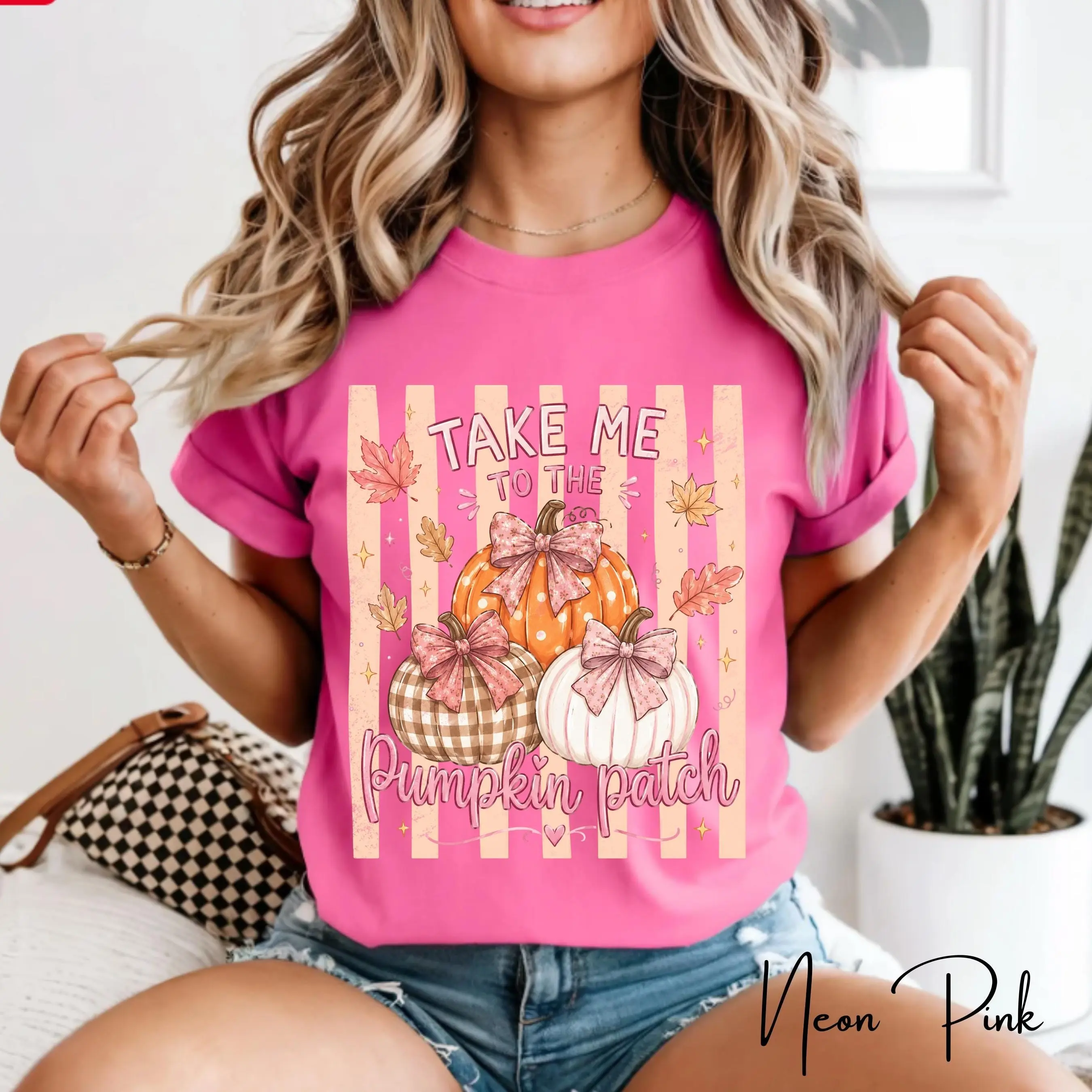 Take Me To The Pumpkin Patch Shirt, Coquette Bow Pink Stripe Fall Graphic Tee, Halloween Thanksgiving Gift - photo 2