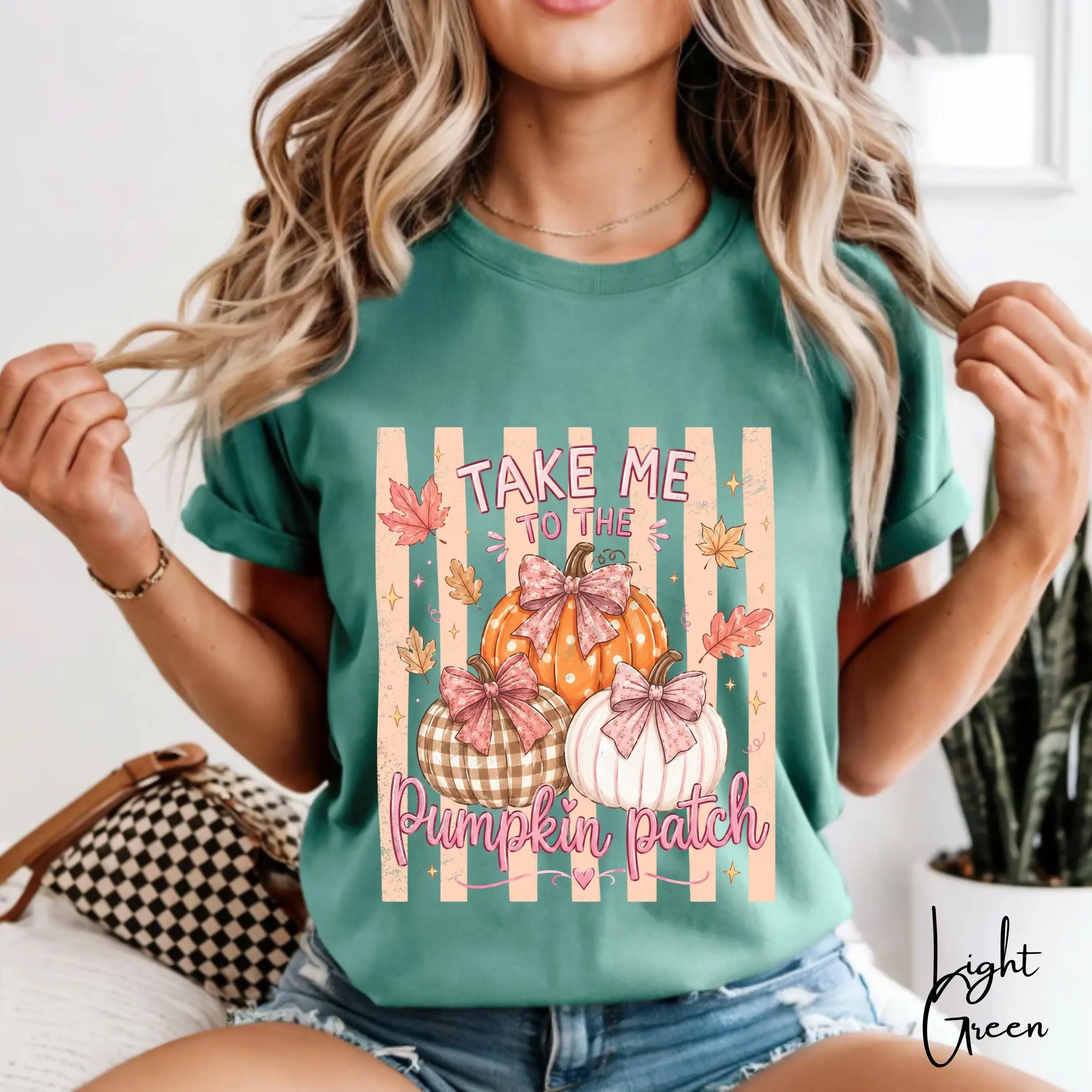 Take Me To The Pumpkin Patch Shirt, Coquette Bow Pink Stripe Fall Graphic Tee, Halloween Thanksgiving Gift - photo 3