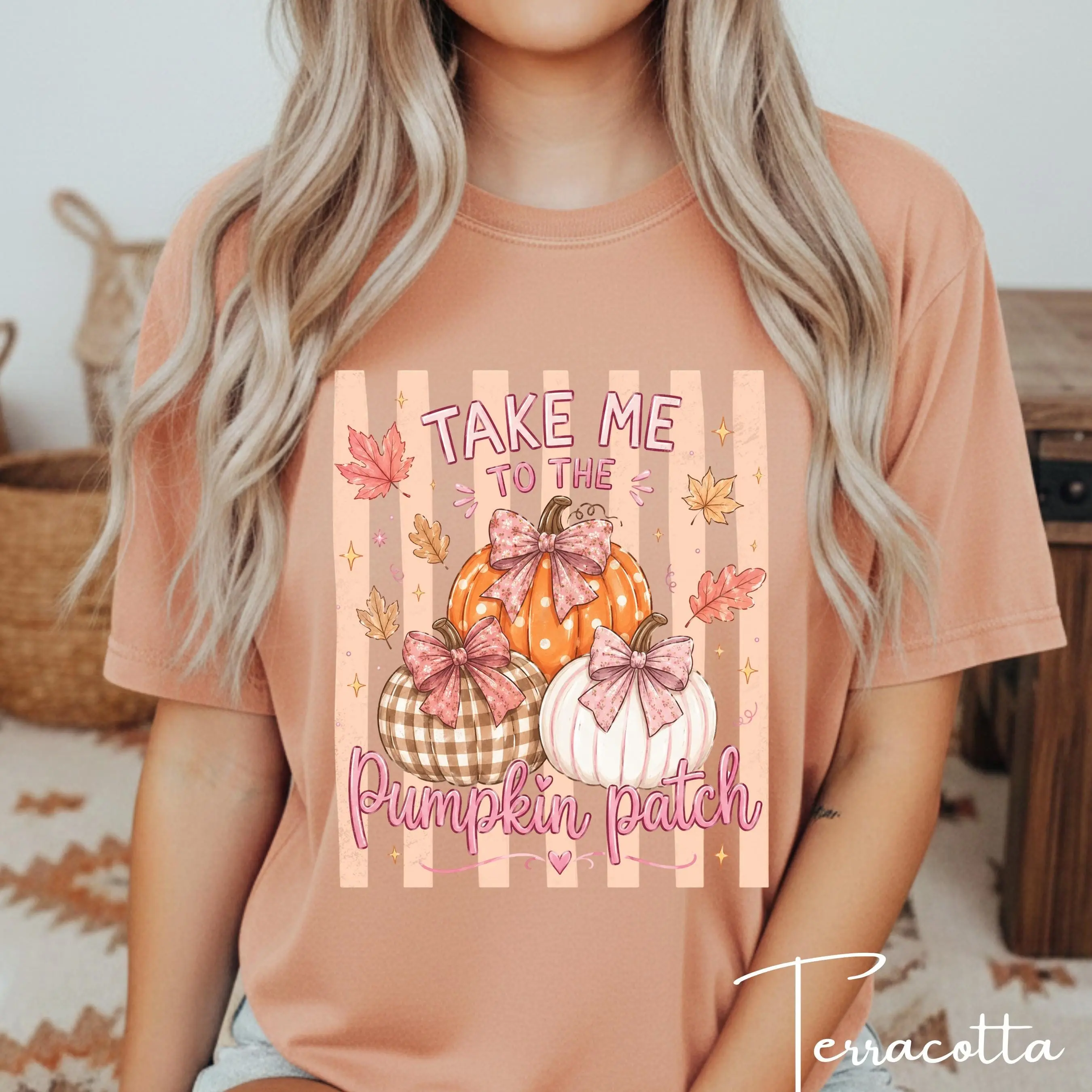Take Me To The Pumpkin Patch Shirt, Coquette Bow Pink Stripe Fall Graphic Tee, Halloween Thanksgiving Gift - photo 4