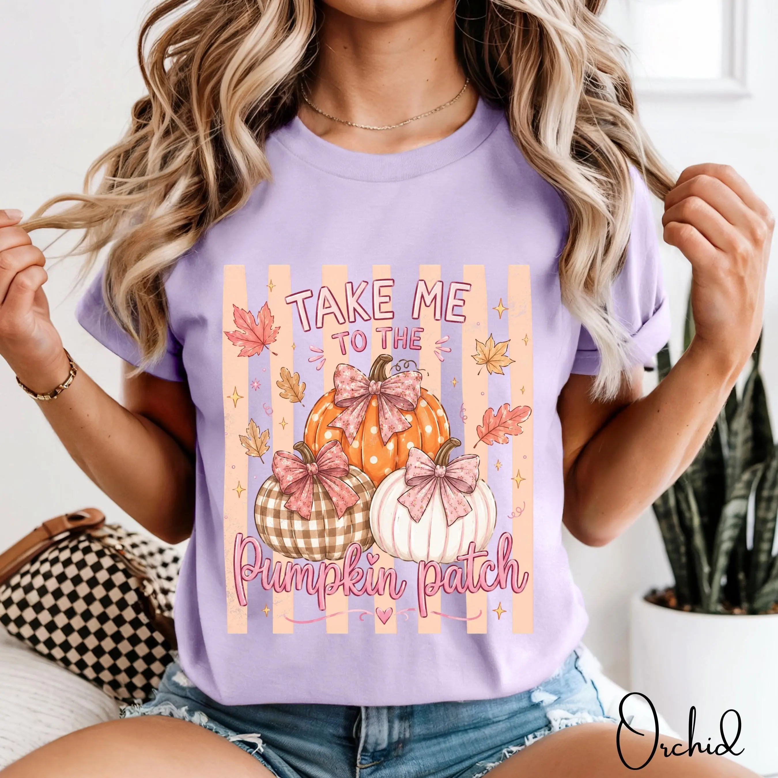Take Me To The Pumpkin Patch Shirt, Coquette Bow Pink Stripe Fall Graphic Tee, Halloween Thanksgiving Gift - photo 5