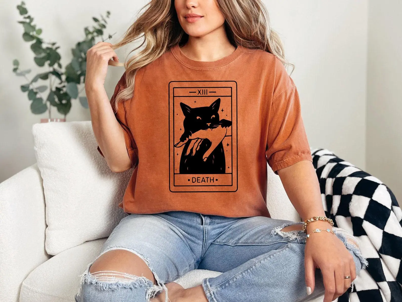Tarot Card Black Cat Comfort Colors Shirt, Death Witchy Spooky Halloween Kitty Lover Gift Tee - photo 1