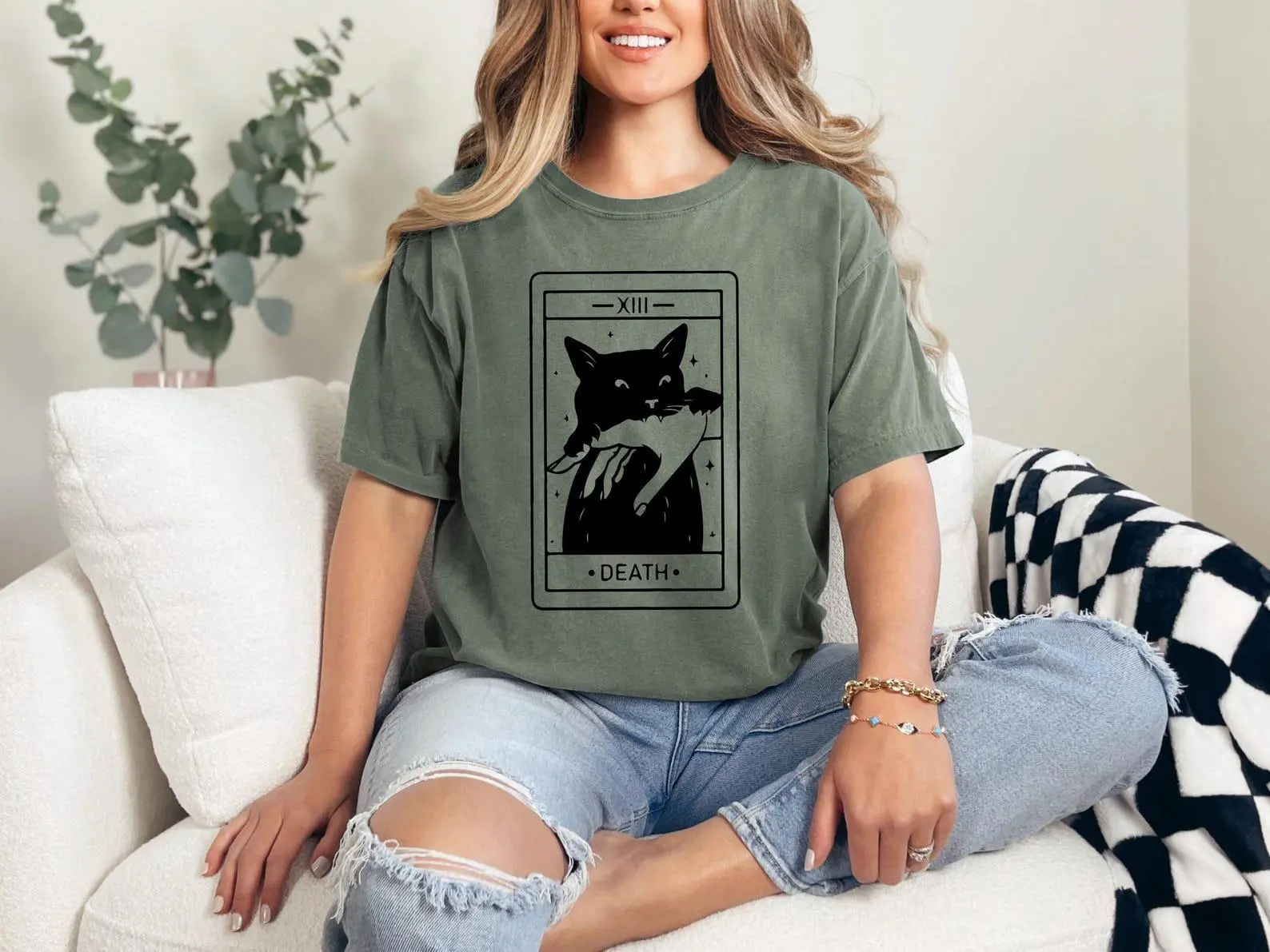 Tarot Card Black Cat Comfort Colors Shirt, Death Witchy Spooky Halloween Kitty Lover Gift Tee - photo 2