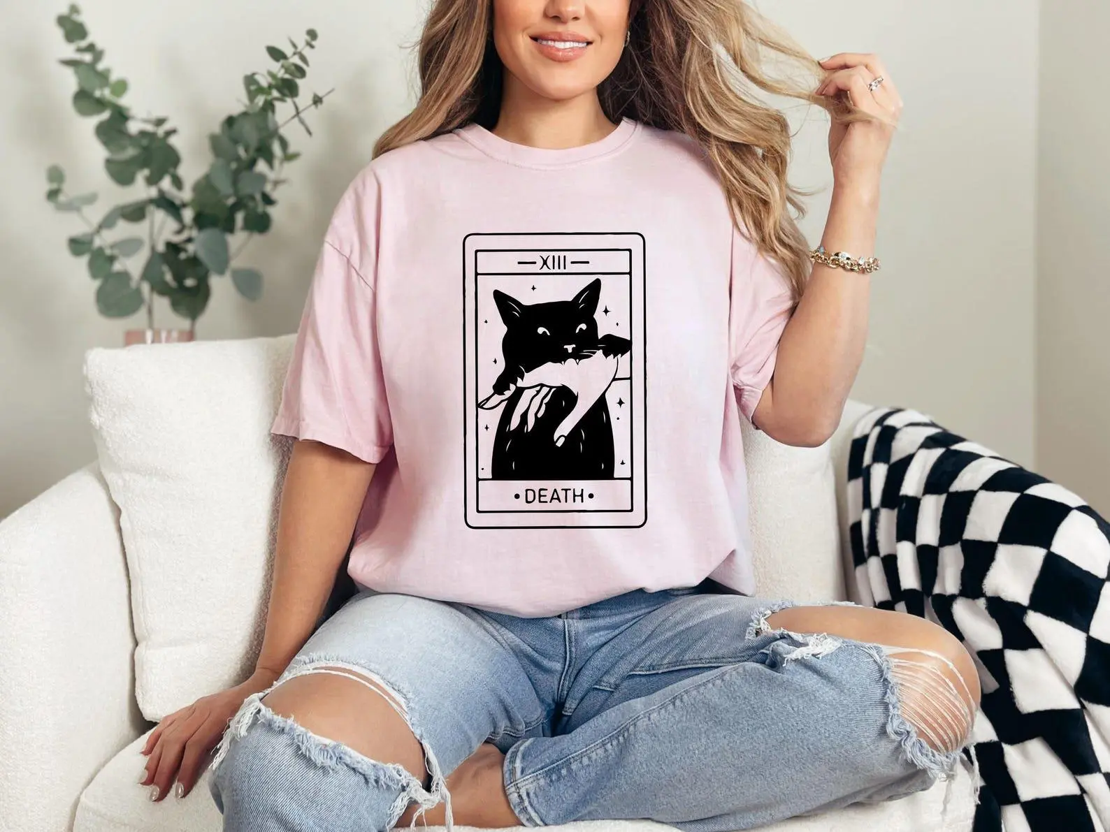 Tarot Card Black Cat Comfort Colors Shirt, Death Witchy Spooky Halloween Kitty Lover Gift Tee - photo 3