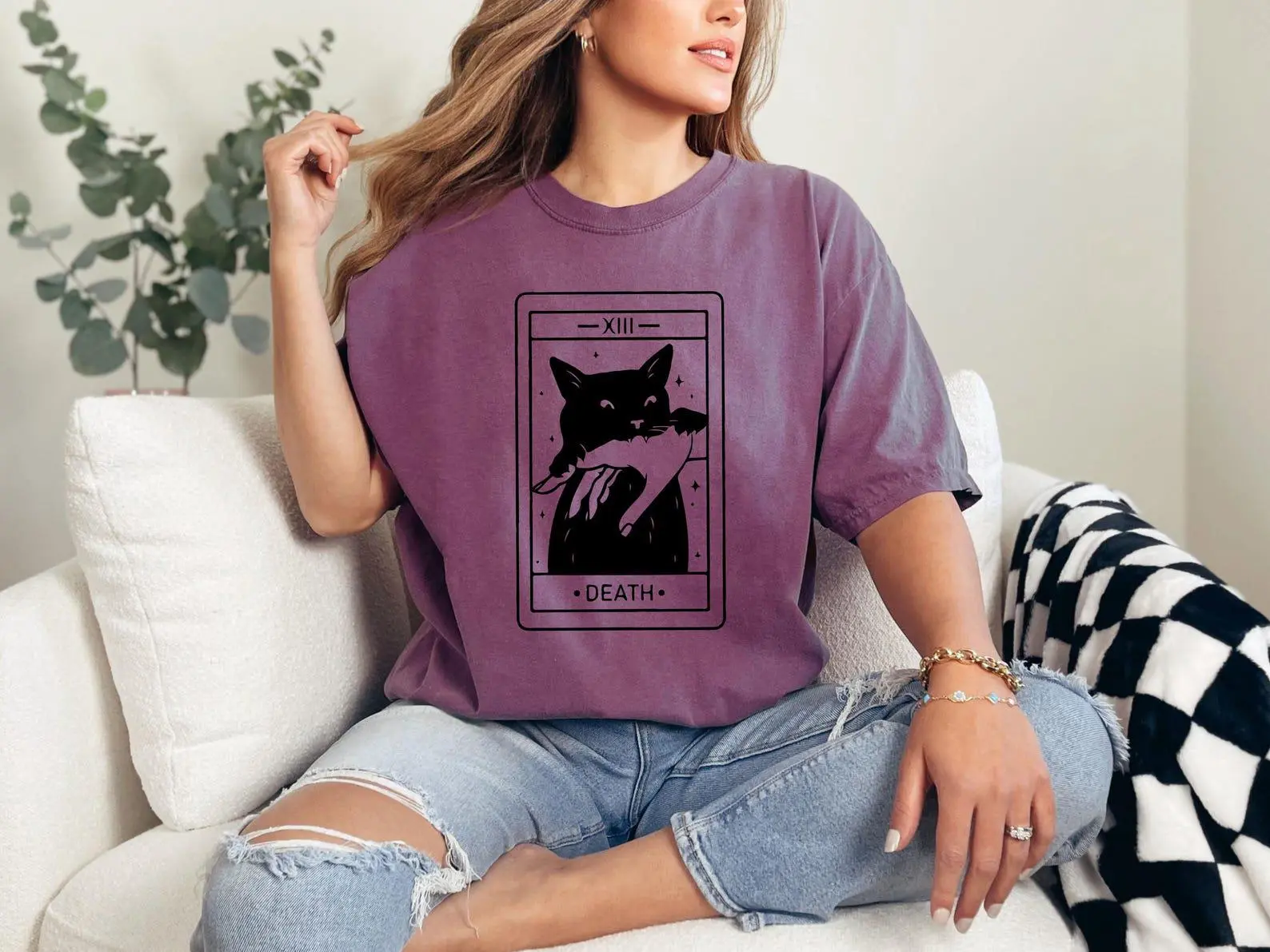 Tarot Card Black Cat Comfort Colors Shirt, Death Witchy Spooky Halloween Kitty Lover Gift Tee - photo 4