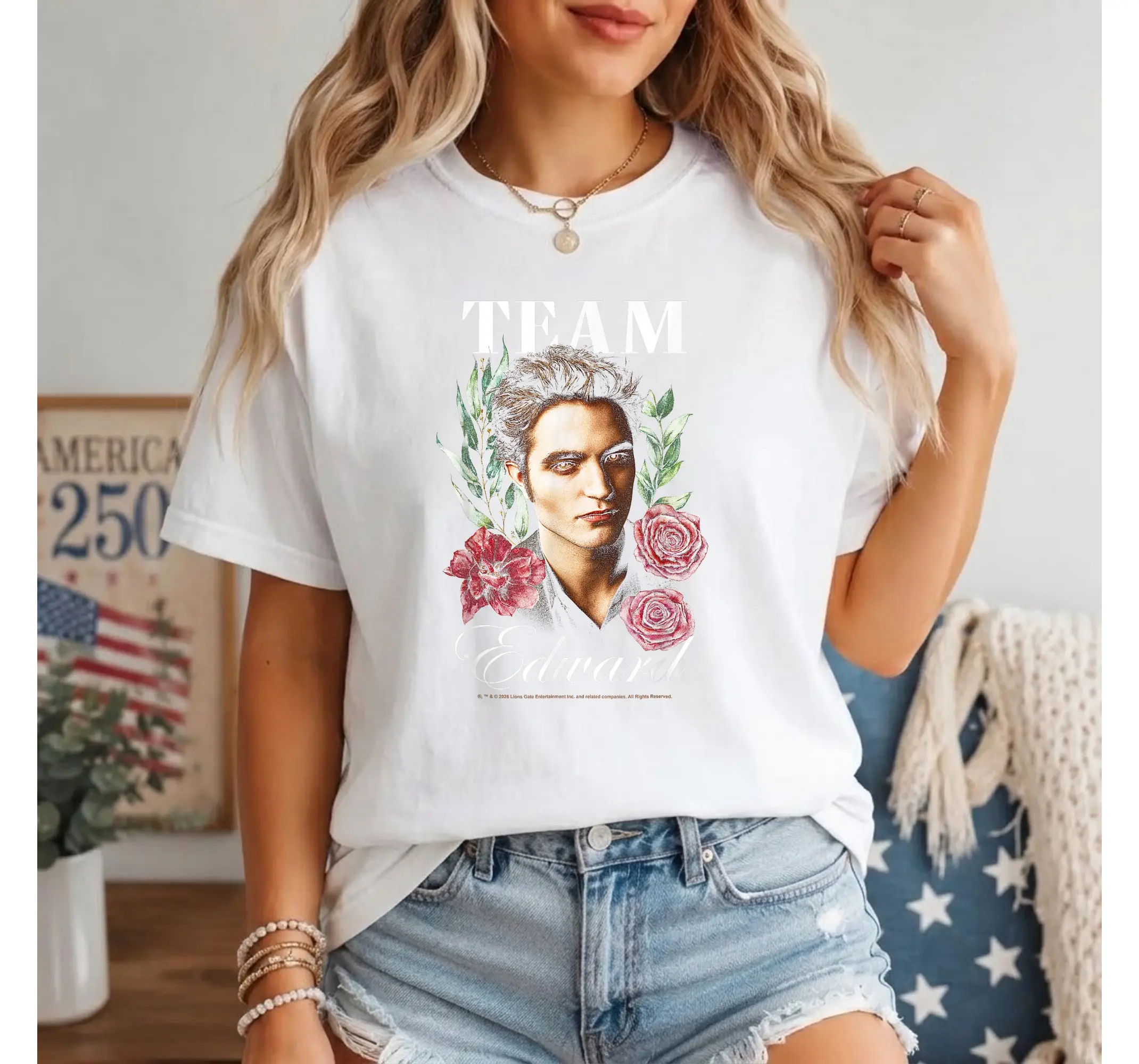 Team Edward Floral Graphic Tee, Vampire Movie Fan Y2K Book Lover Shirt