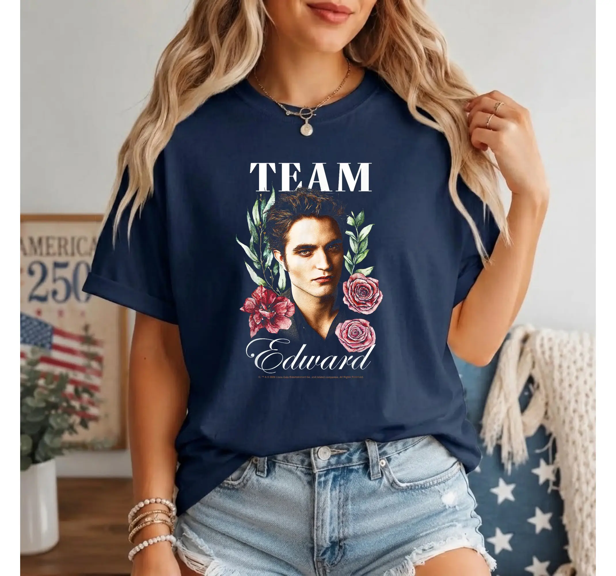 Team Edward Floral Graphic Tee, Vampire Movie Fan Y2K Book Lover Shirt - photo 2