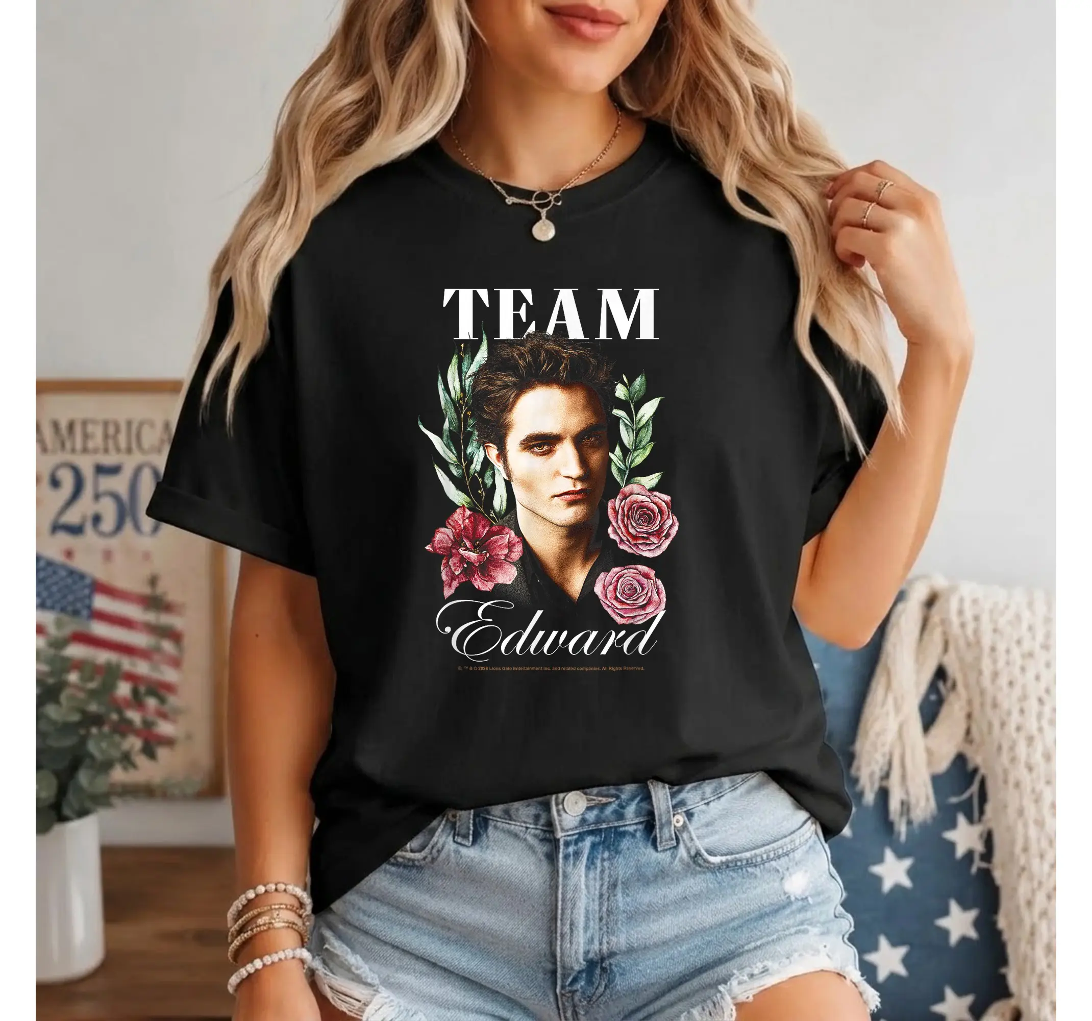Team Edward Floral Graphic Tee, Vampire Movie Fan Y2K Book Lover Shirt - photo 3