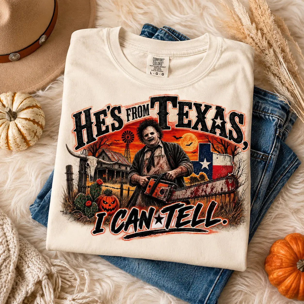 Comfort Colors Texas Horror T-Shirt, Chainsaw Killer Graphic Tee, Western Spooky Halloween Shirt
