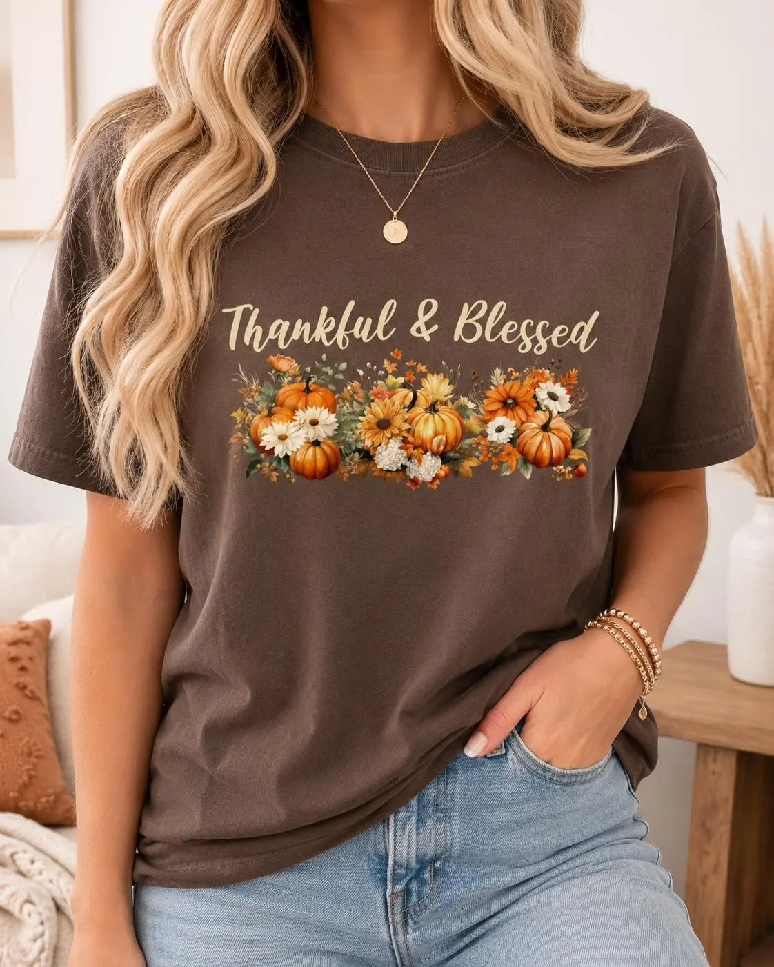 Comfort Colors Thankful & Blessed Fall T-Shirt, Pumpkin Harvest Graphic Cotton Tee for Her