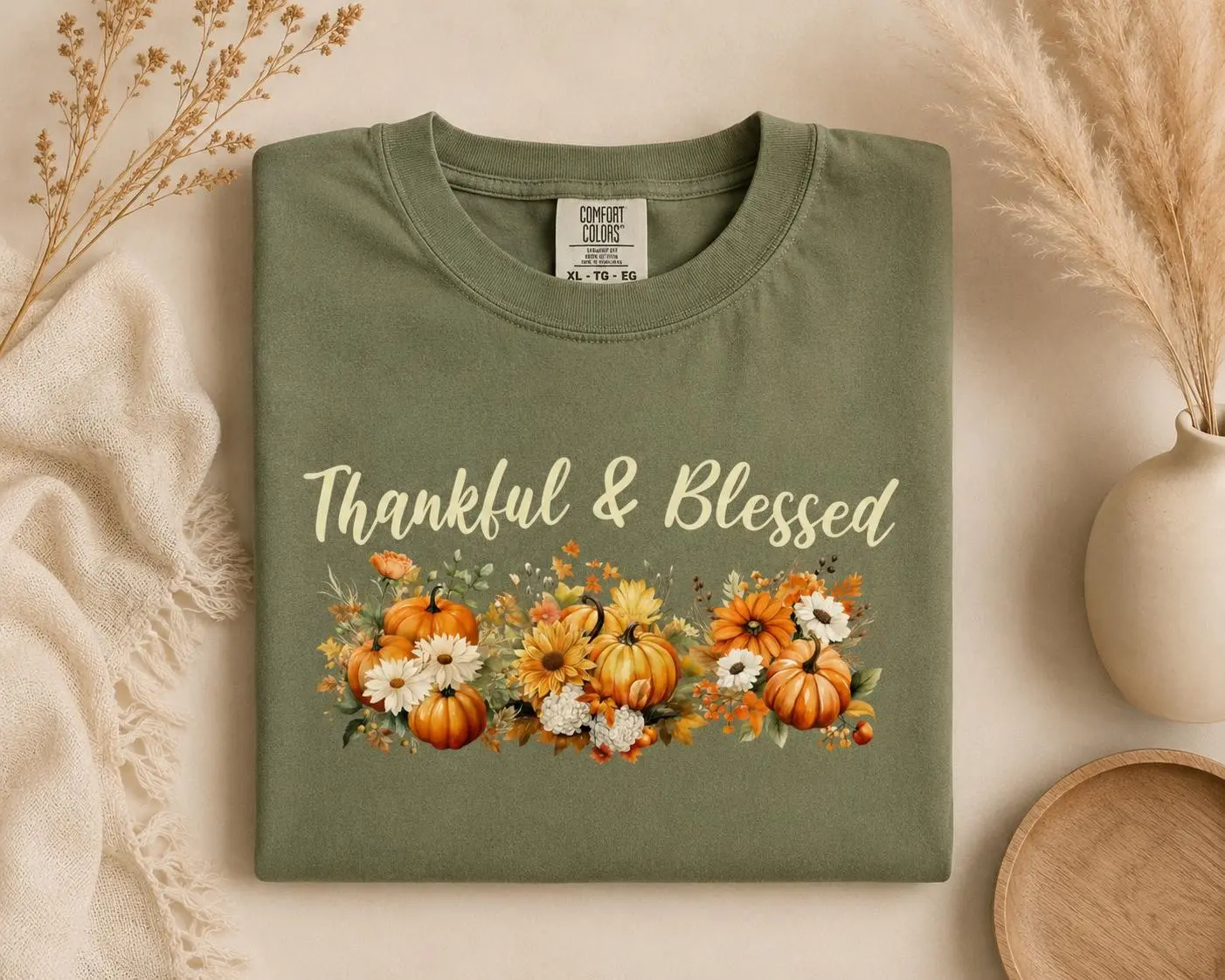 Comfort Colors Thankful & Blessed Fall T-Shirt, Pumpkin Harvest Graphic Cotton Tee for Her - photo 2