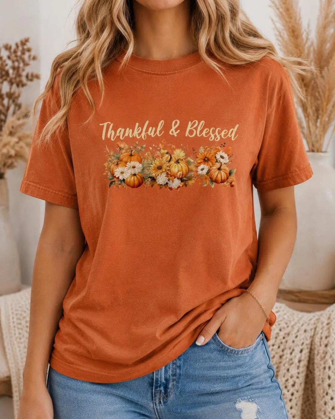 Comfort Colors Thankful & Blessed Fall T-Shirt, Pumpkin Harvest Graphic Cotton Tee for Her - photo 3