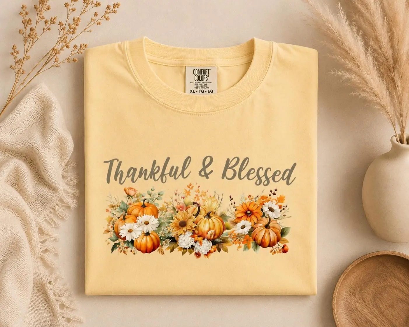 Comfort Colors Thankful & Blessed Fall T-Shirt, Pumpkin Harvest Graphic Cotton Tee for Her - photo 4