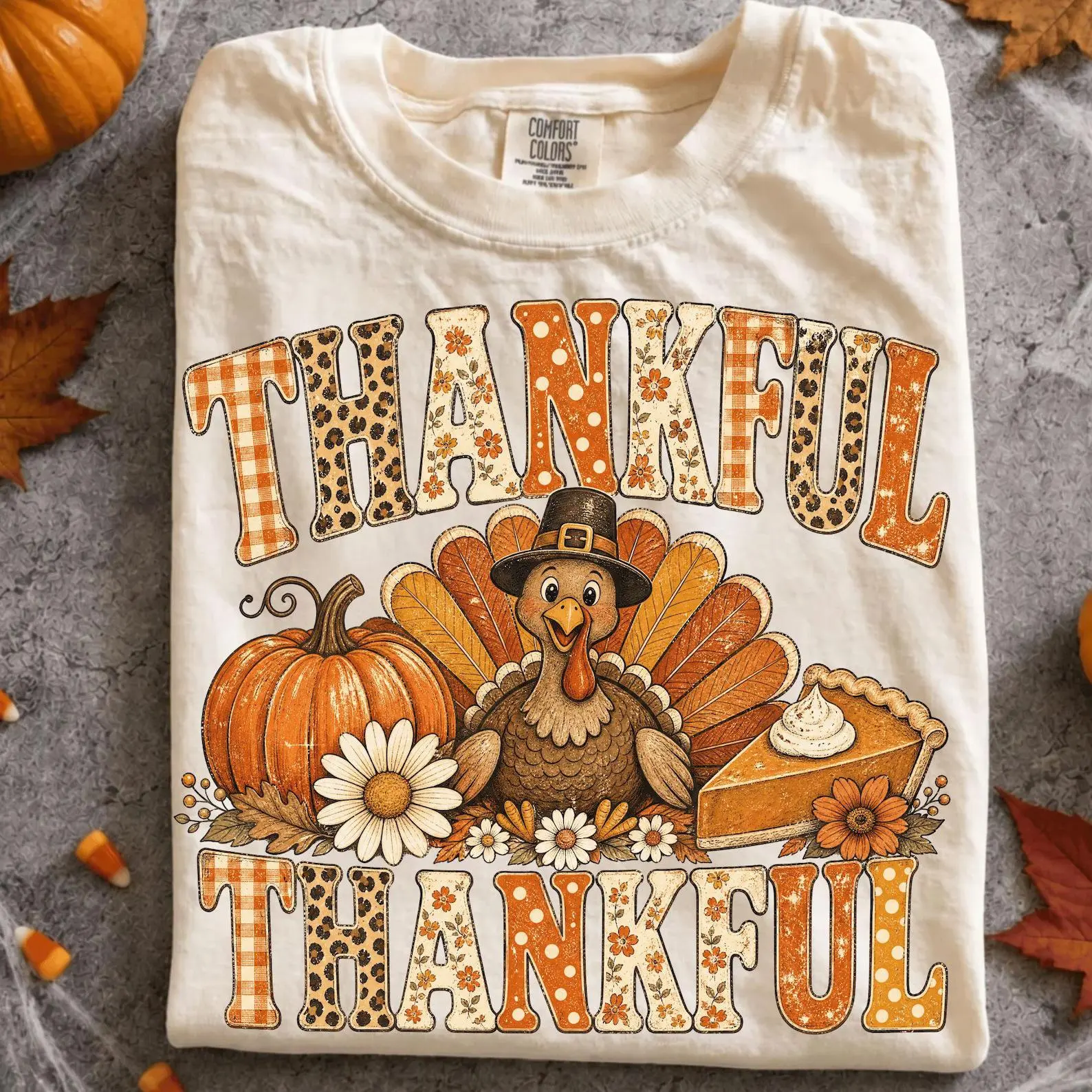 Comfort Colors Thankful Shirt, Retro Turkey Pilgrim Hat Leopard Gingham Thanksgiving Pumpkin Pie Tee