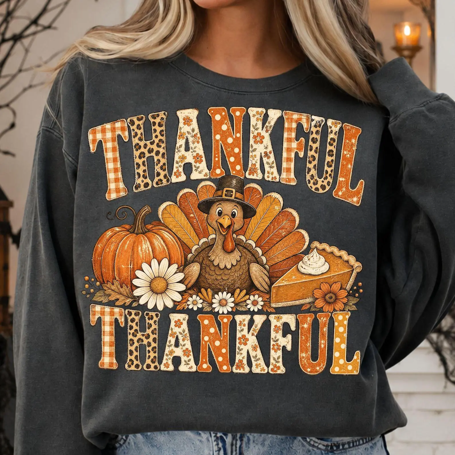 Comfort Colors Thankful Shirt, Retro Turkey Pilgrim Hat Leopard Gingham Thanksgiving Pumpkin Pie Tee - photo 2