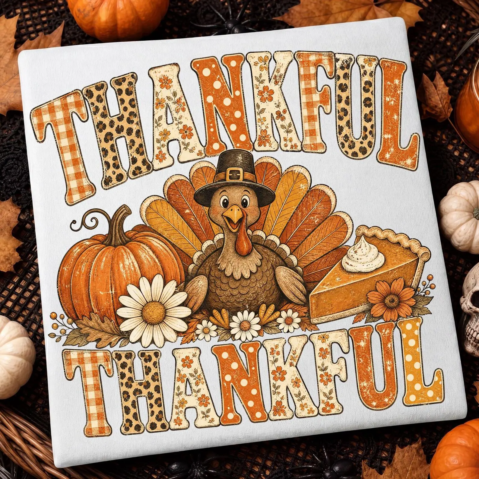 Comfort Colors Thankful Shirt, Retro Turkey Pilgrim Hat Leopard Gingham Thanksgiving Pumpkin Pie Tee - photo 3