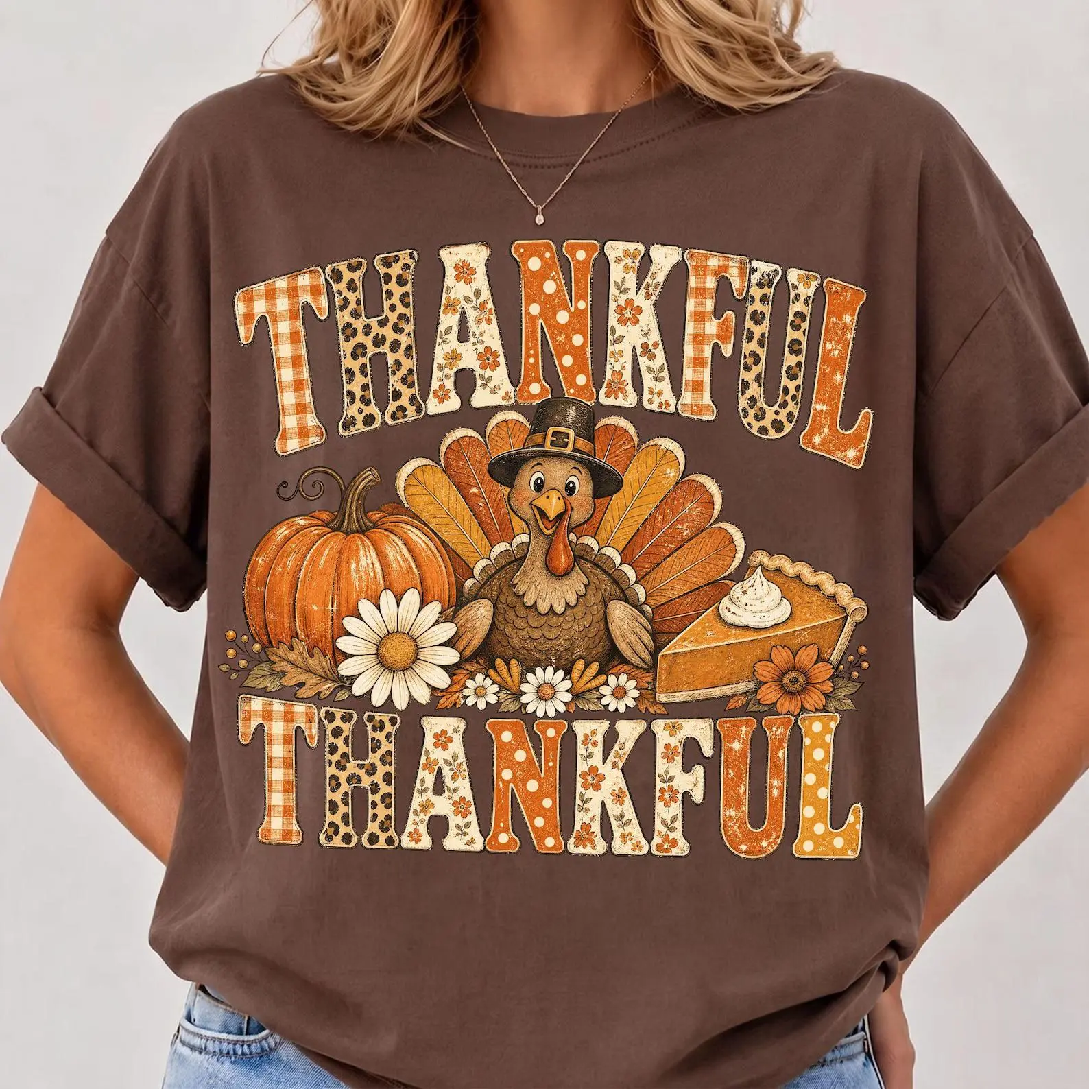 Comfort Colors Thankful Shirt, Retro Turkey Pilgrim Hat Leopard Gingham Thanksgiving Pumpkin Pie Tee - photo 4