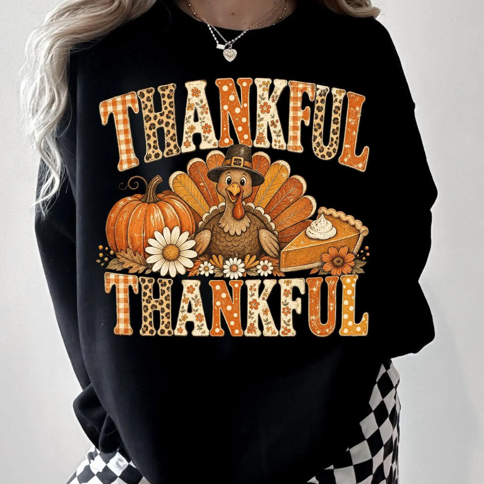 Comfort Colors Thankful Shirt, Retro Turkey Pilgrim Hat Leopard Gingham Thanksgiving Pumpkin Pie Tee - photo 5