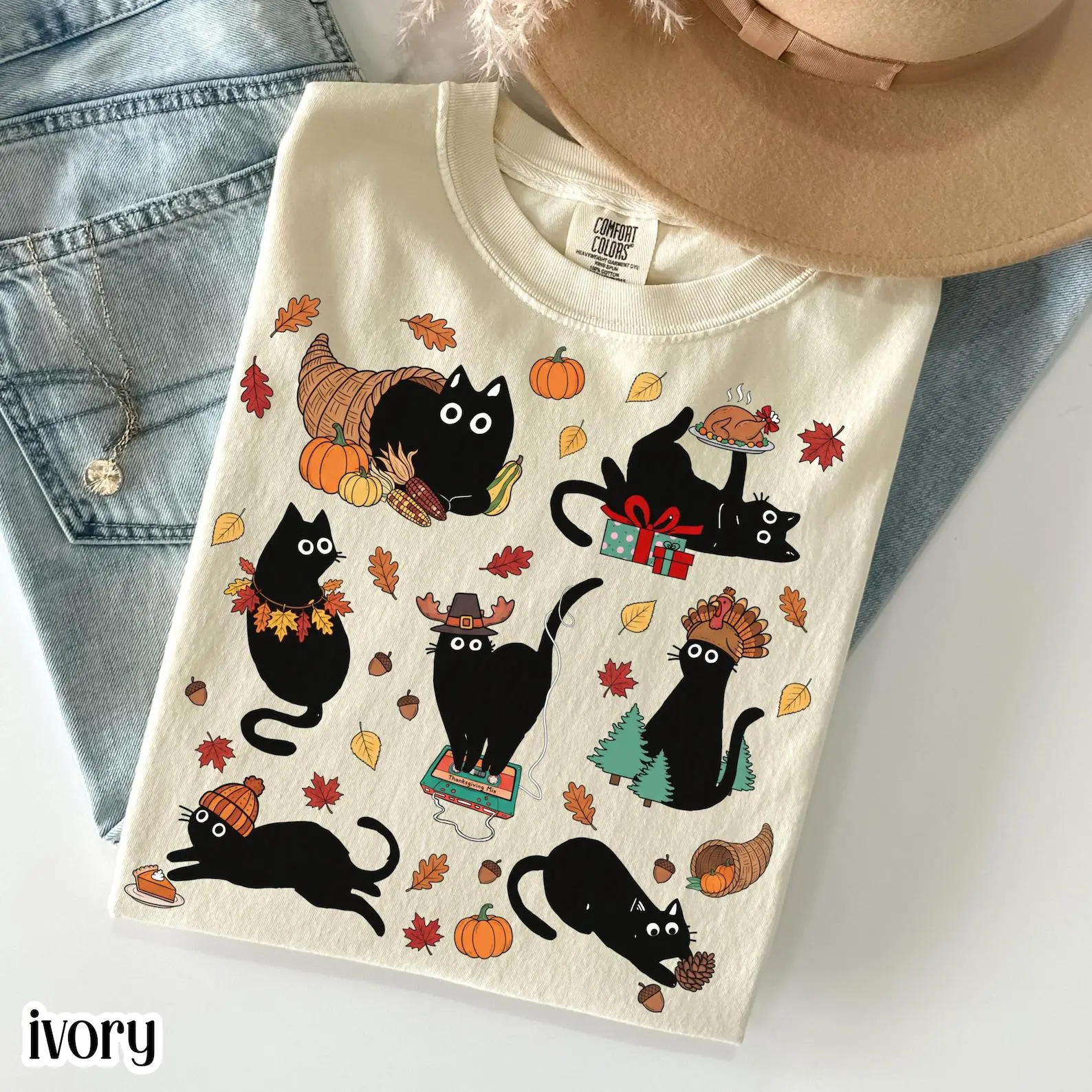 Comfort Colors Retro Black Cat Thanksgiving Shirt, Cozy Season Vintage Cute Kitty Autumn Fall Tee - photo 1