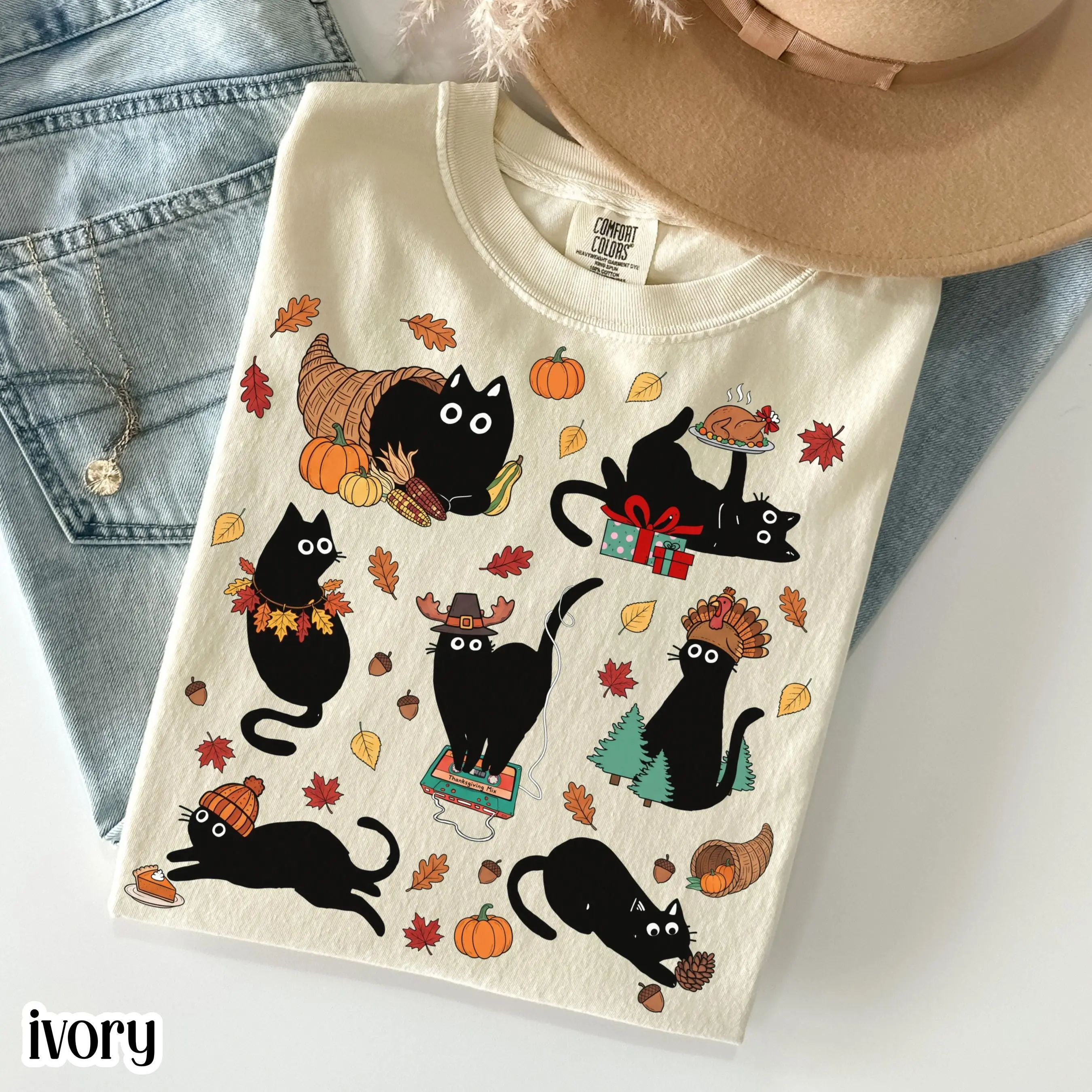 Comfort Colors Retro Black Cat Thanksgiving Shirt, Vintage Cozy Season Kitty Autumn Graphic Tee
