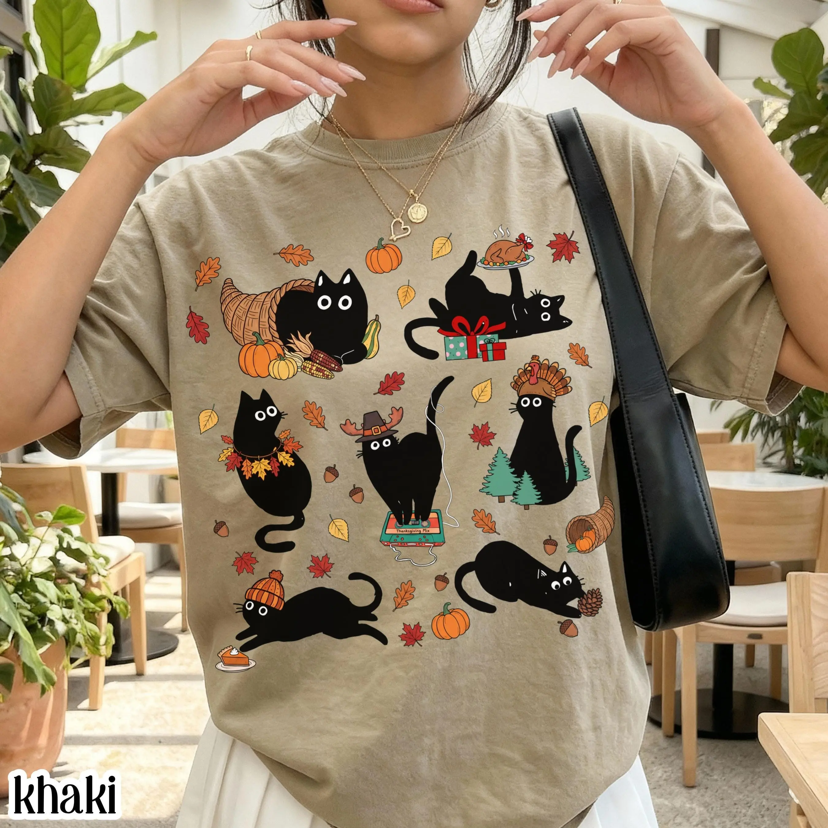 Comfort Colors Retro Black Cat Thanksgiving Shirt, Vintage Cozy Season Kitty Autumn Graphic Tee - photo 2
