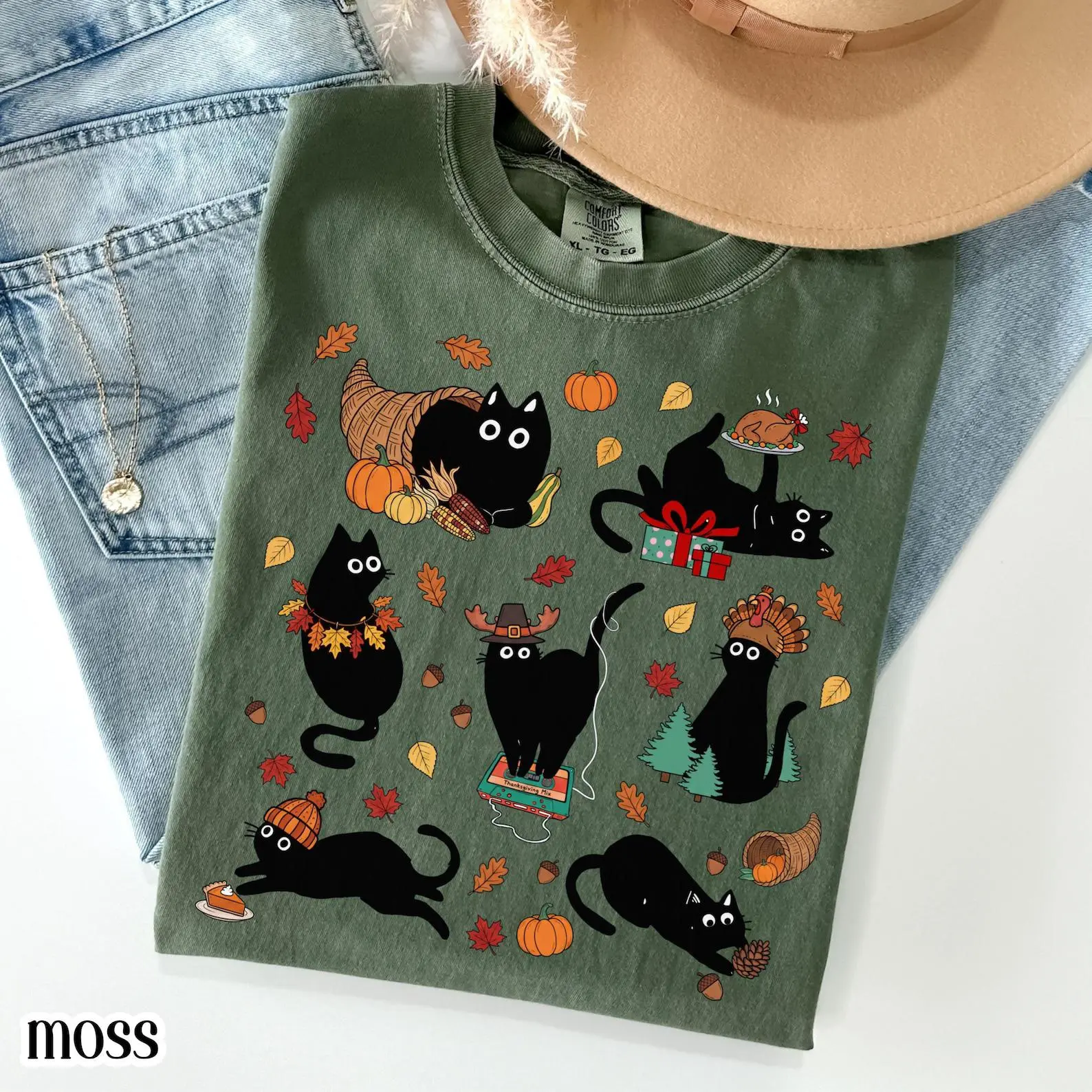 Comfort Colors Retro Black Cat Thanksgiving Shirt, Cozy Season Vintage Cute Kitty Autumn Fall Tee - photo 3