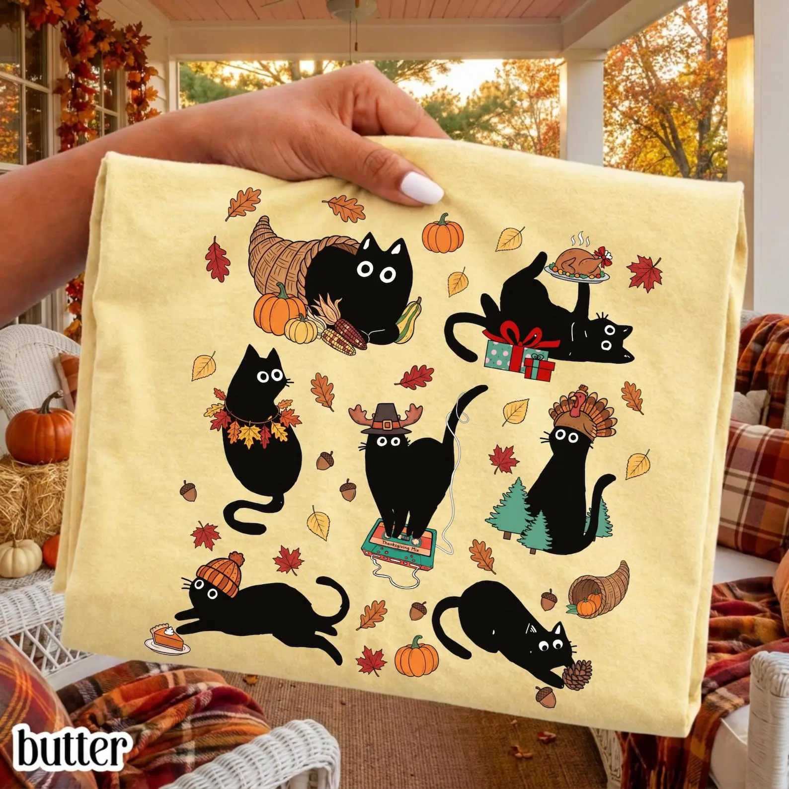 Comfort Colors Retro Black Cat Thanksgiving Shirt, Cozy Season Vintage Cute Kitty Autumn Fall Tee - photo 5