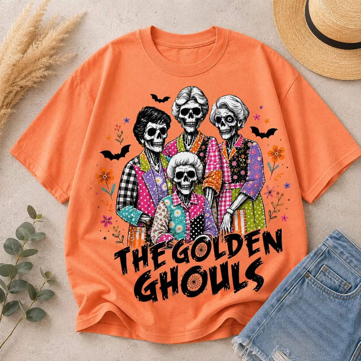 The Golden Ghouls Preppy Halloween Friends Shirt, Patchwork Skeleton Girly Spooky Squad Graphic Tee