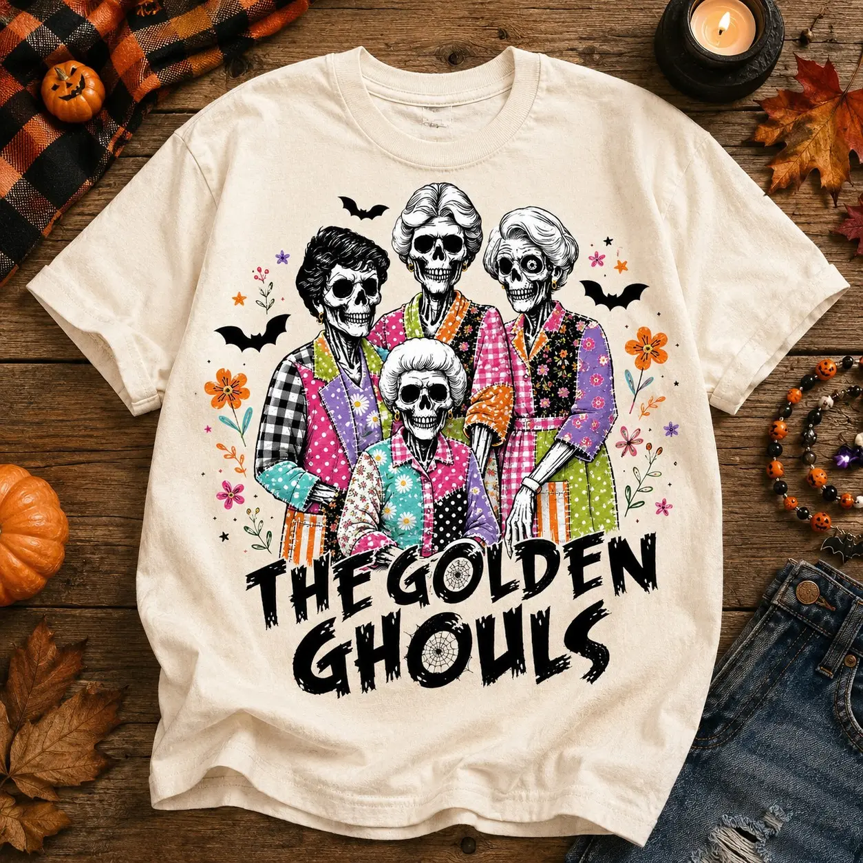 The Golden Ghouls Preppy Halloween Friends Hoodie, Patchwork Skeleton Girly Spooky Squad Graphic Pullover - photo 2