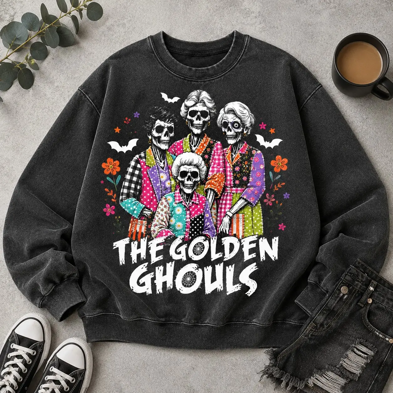 The Golden Ghouls Preppy Halloween Friends Hoodie, Patchwork Skeleton Girly Spooky Squad Graphic Pullover - photo 3