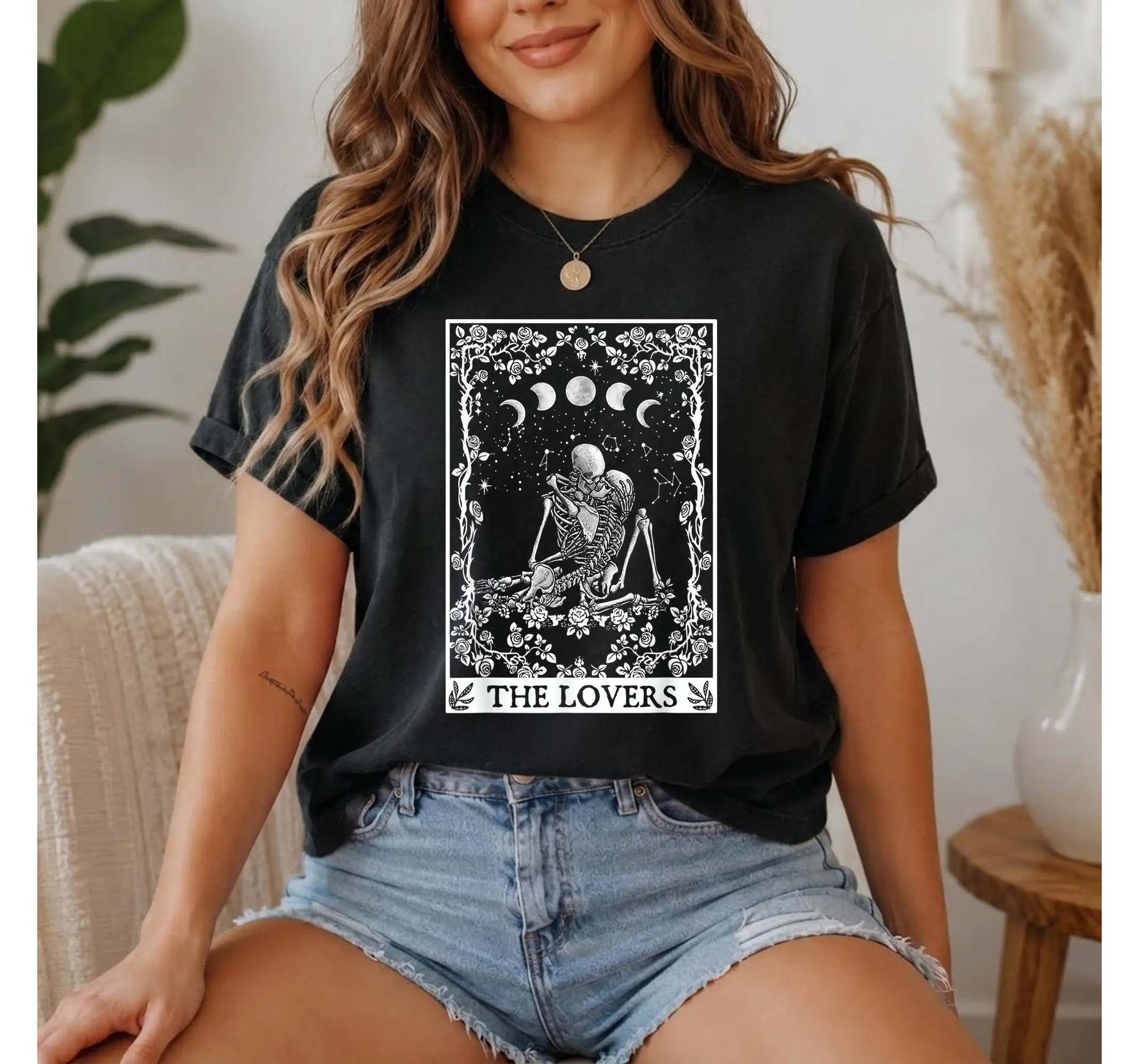 The Lovers Tarot Card Shirt, Skeleton Celestial Moon Phase Witchy Aesthetic Graphic Tee - photo 1