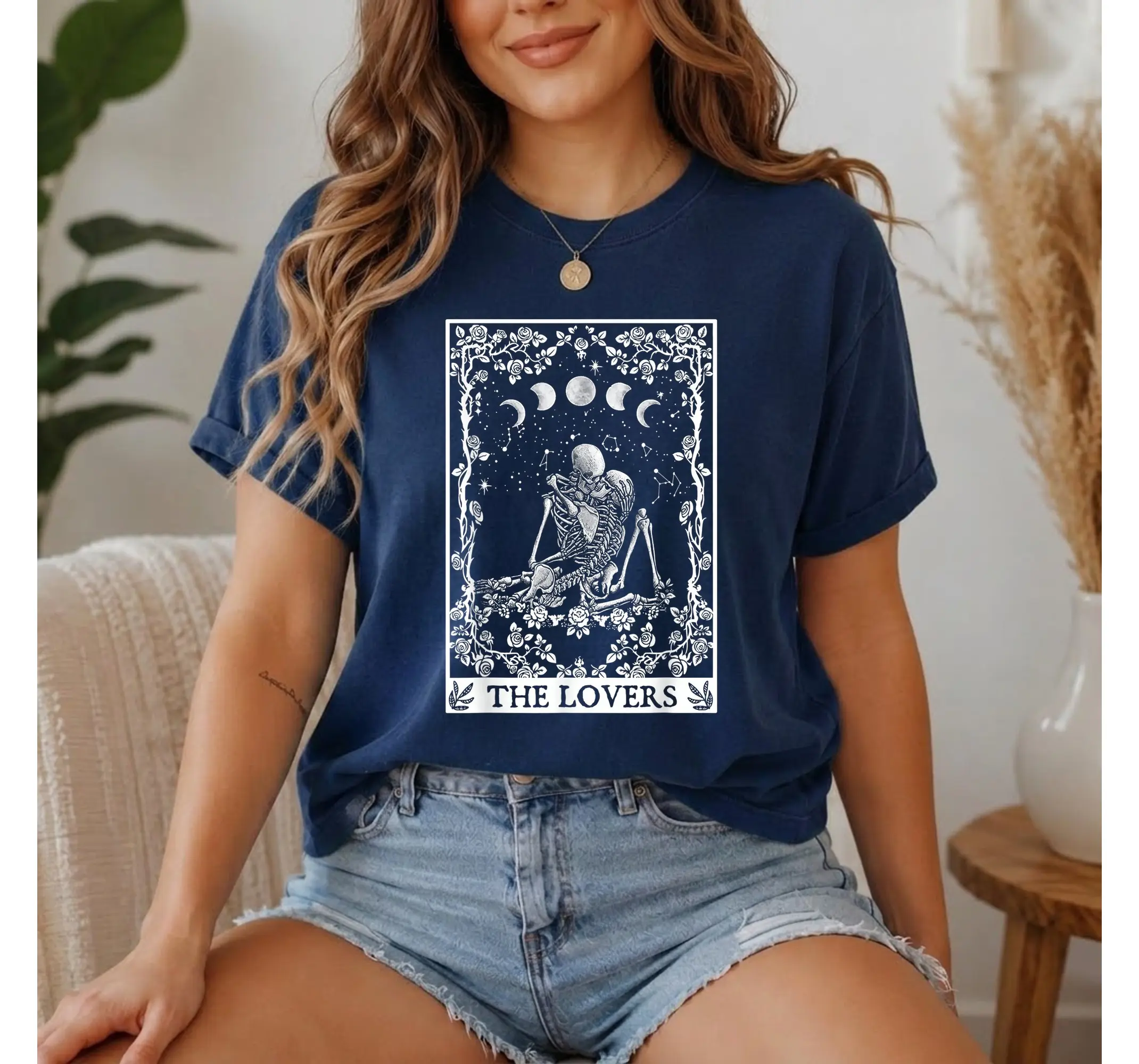 The Lovers Tarot Card Shirt, Skeleton Celestial Moon Phase Witchy Aesthetic Graphic Tee - photo 2