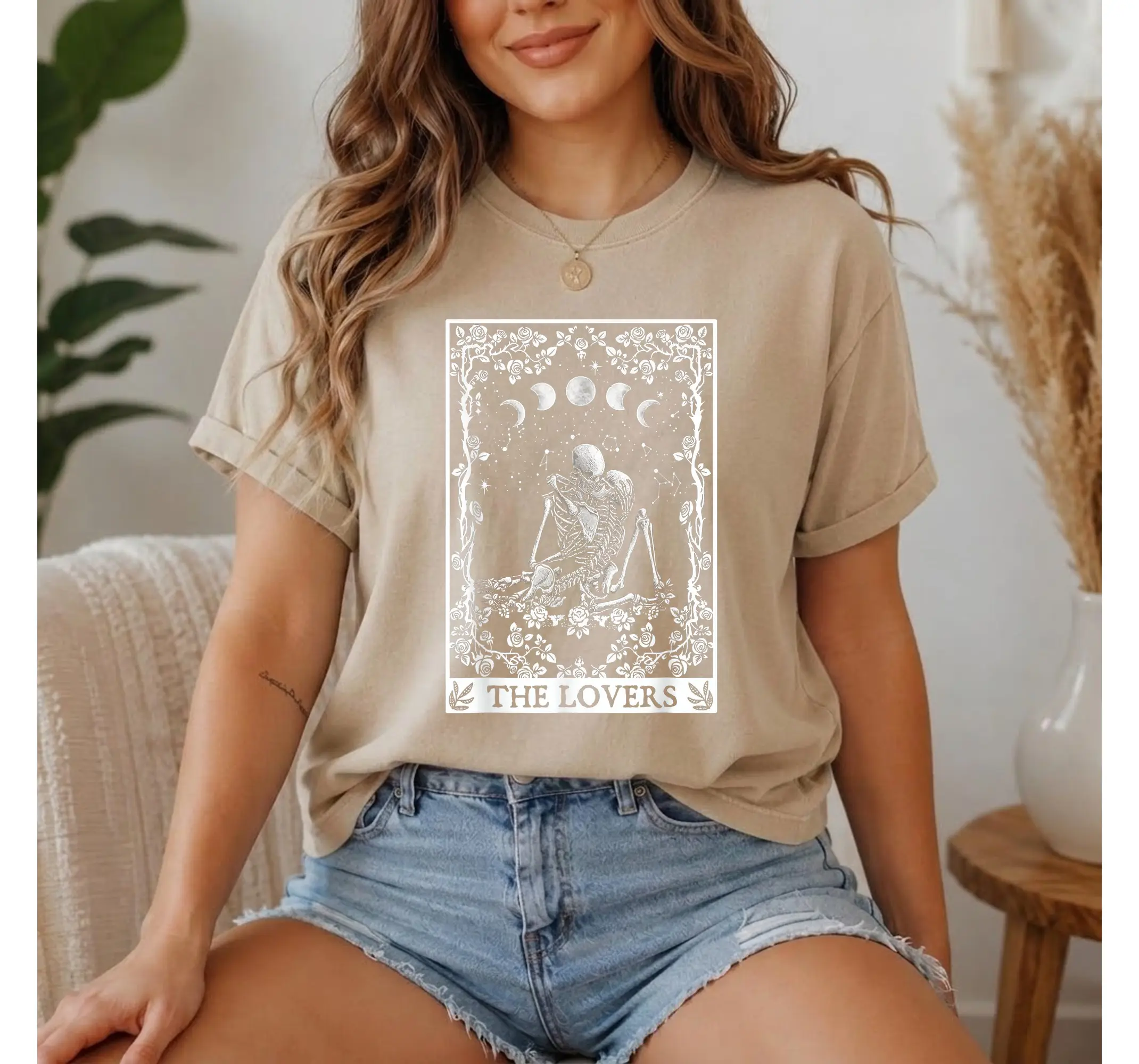 The Lovers Tarot Card Shirt, Skeleton Celestial Moon Phase Witchy Aesthetic Graphic Tee - photo 3