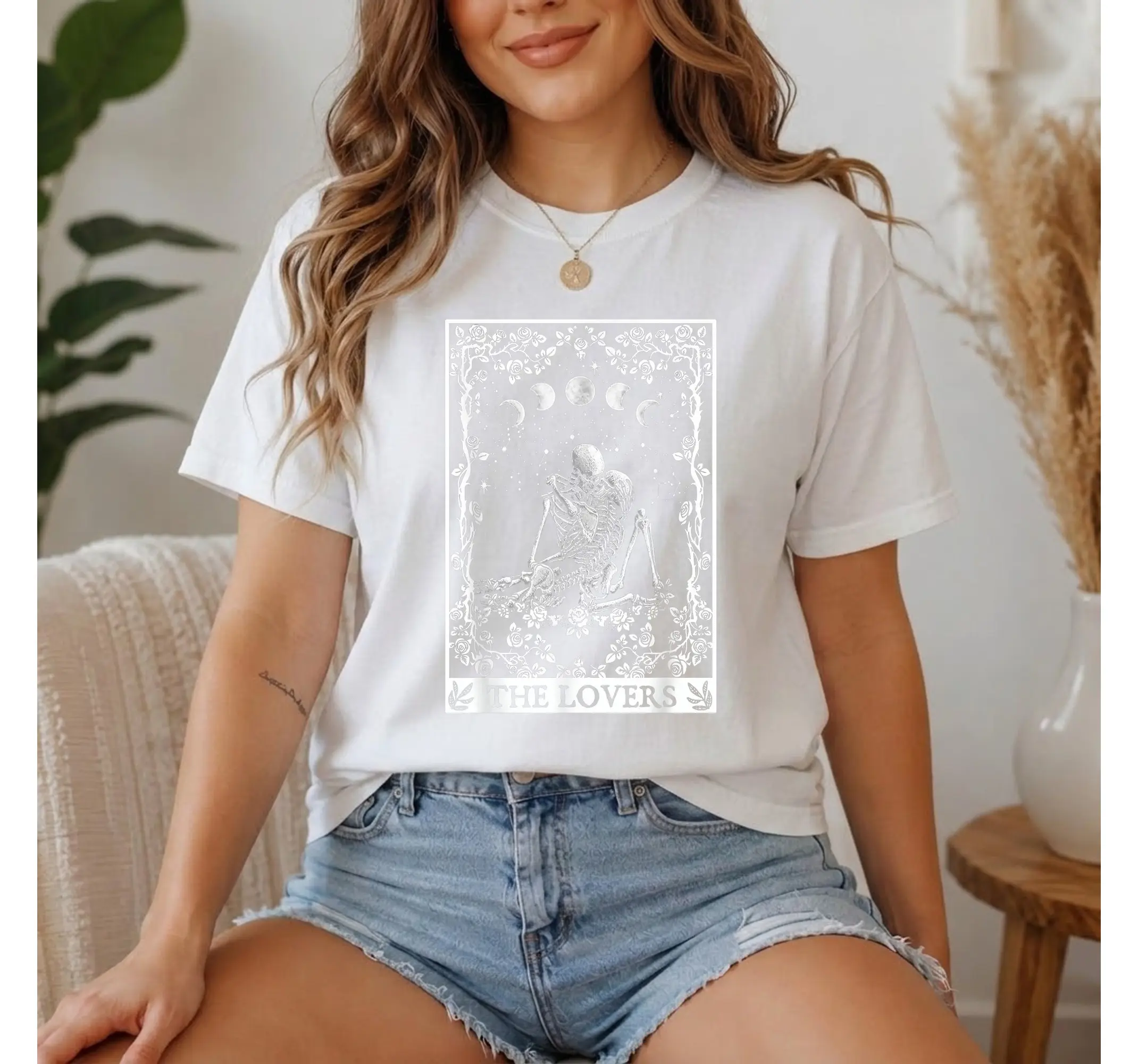 The Lovers Tarot Card Shirt, Skeleton Celestial Moon Phase Witchy Aesthetic Graphic Tee - photo 4