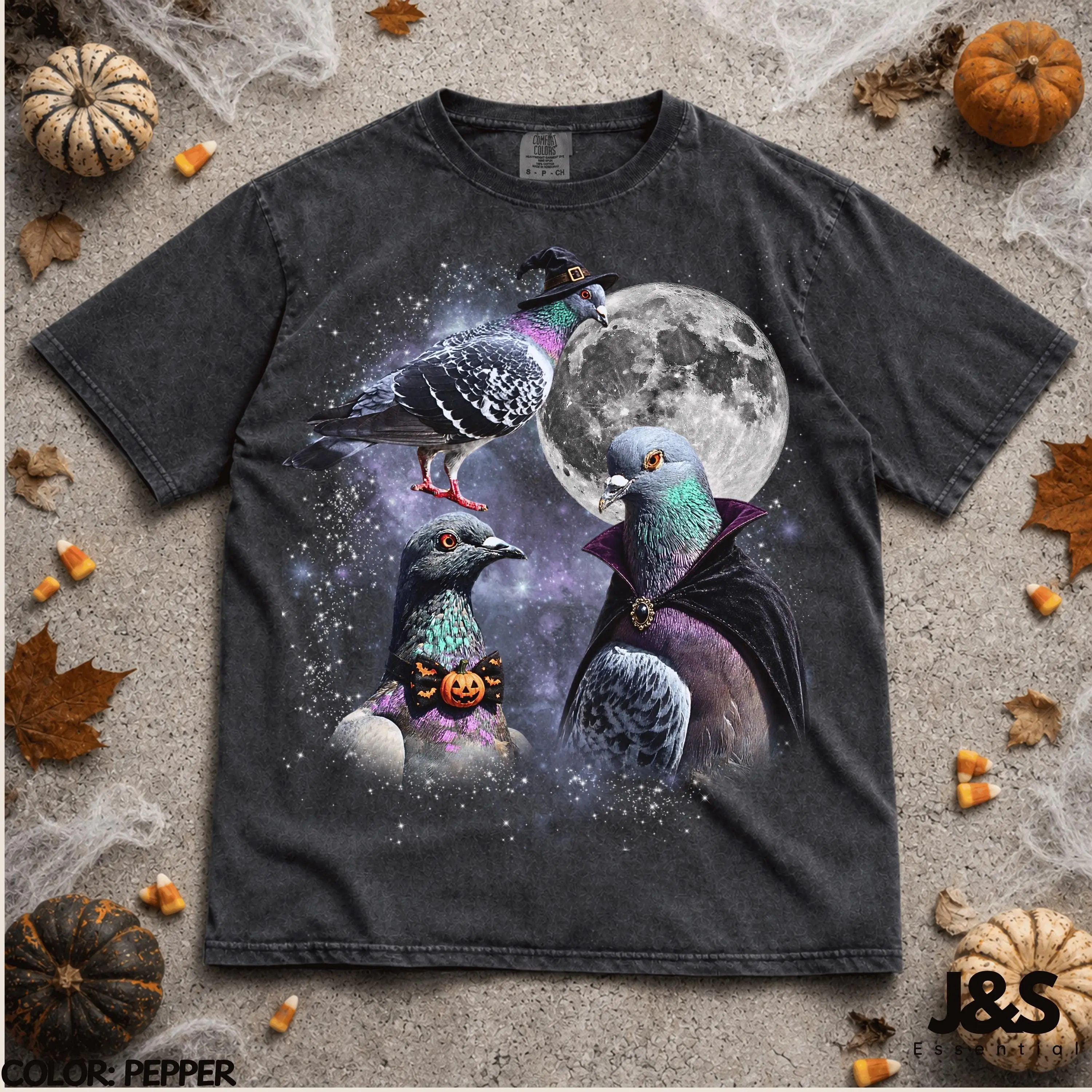 Three Halloween Pigeon Moon Shirt, Spooky Witch Vampire Bird Tee, Funny Birdwatching Lover Graphic Gift