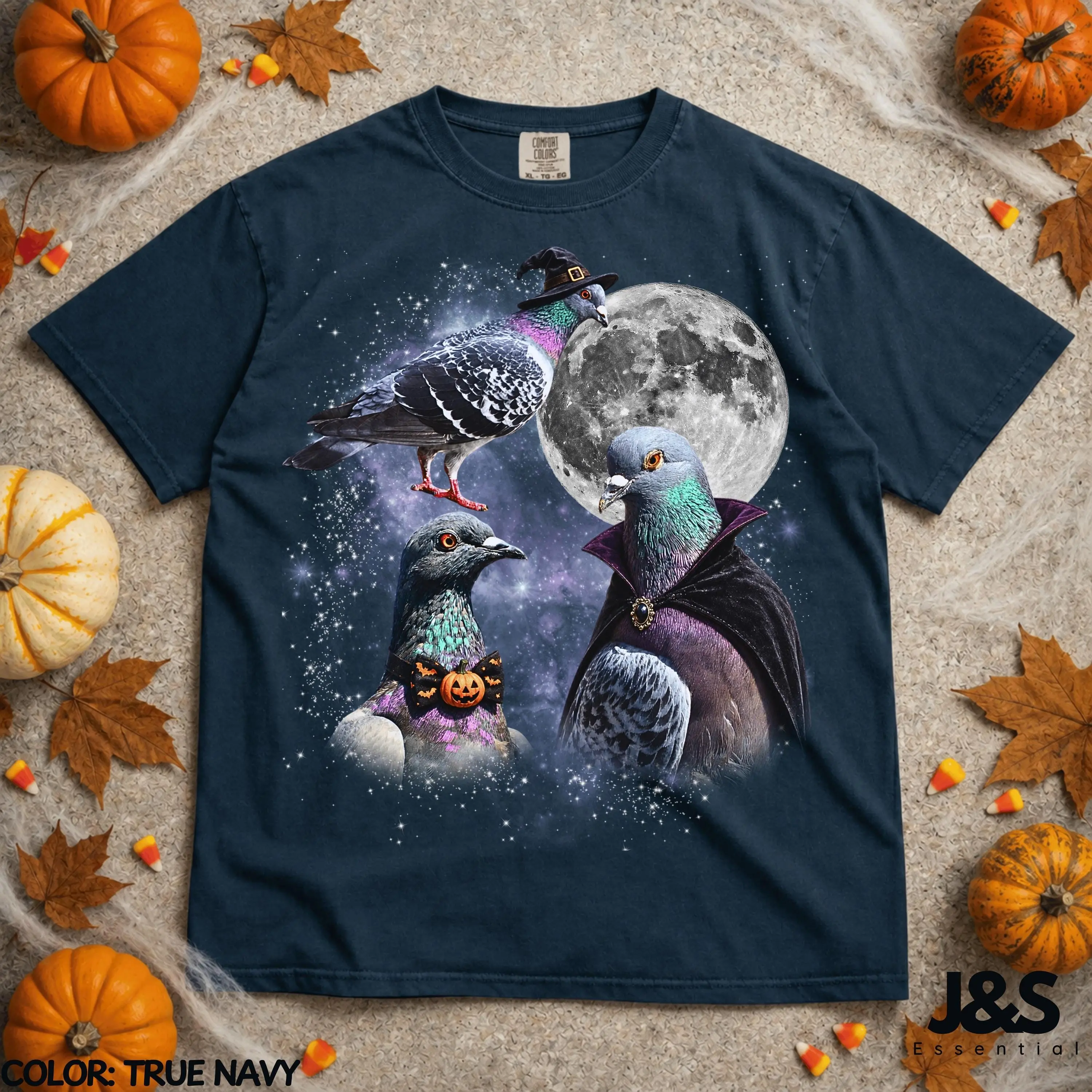 Three Halloween Pigeon Moon Shirt, Spooky Witch Vampire Bird Tee, Funny Birdwatching Lover Graphic Gift - photo 2