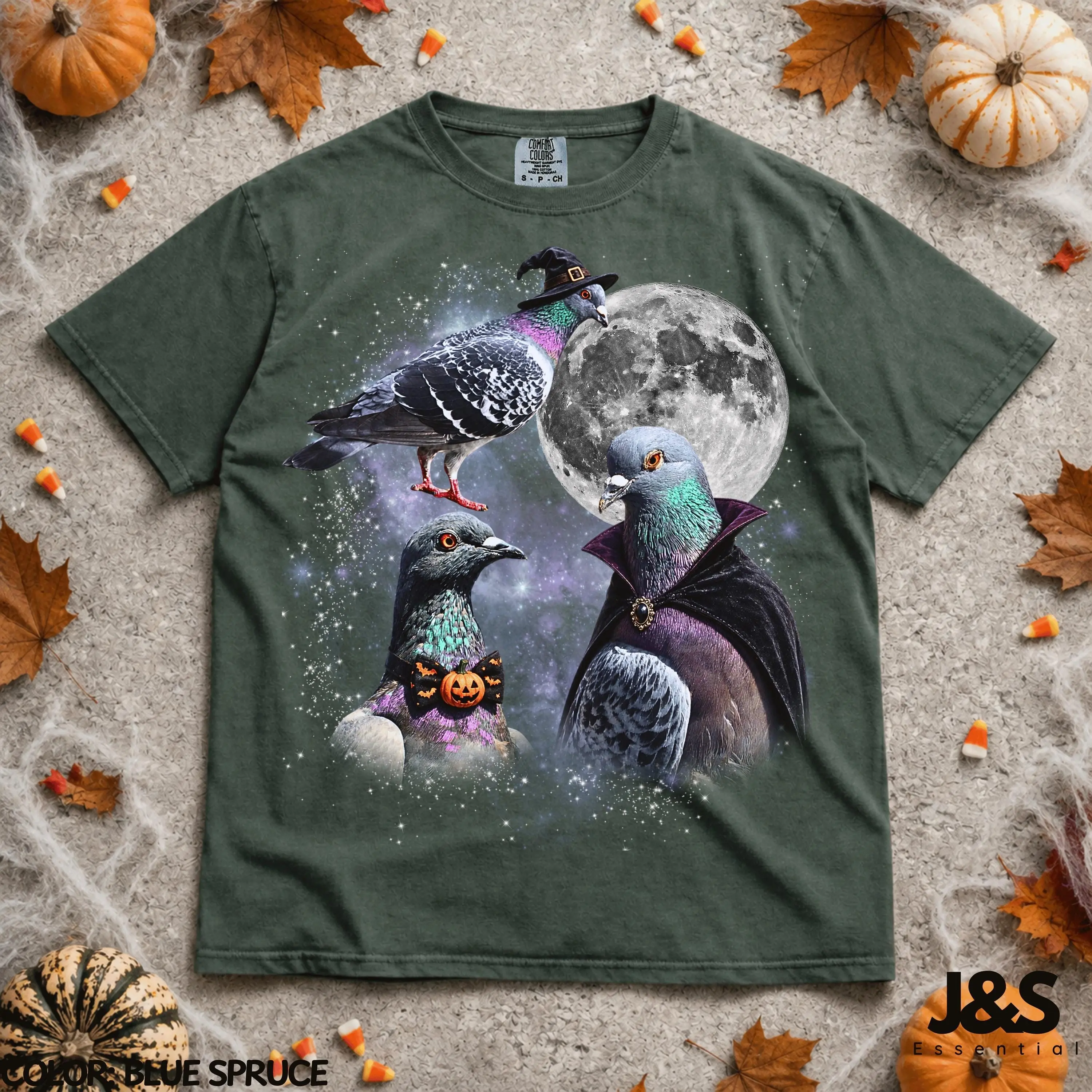 Three Halloween Pigeon Moon Shirt, Spooky Witch Vampire Bird Tee, Funny Birdwatching Lover Graphic Gift - photo 3