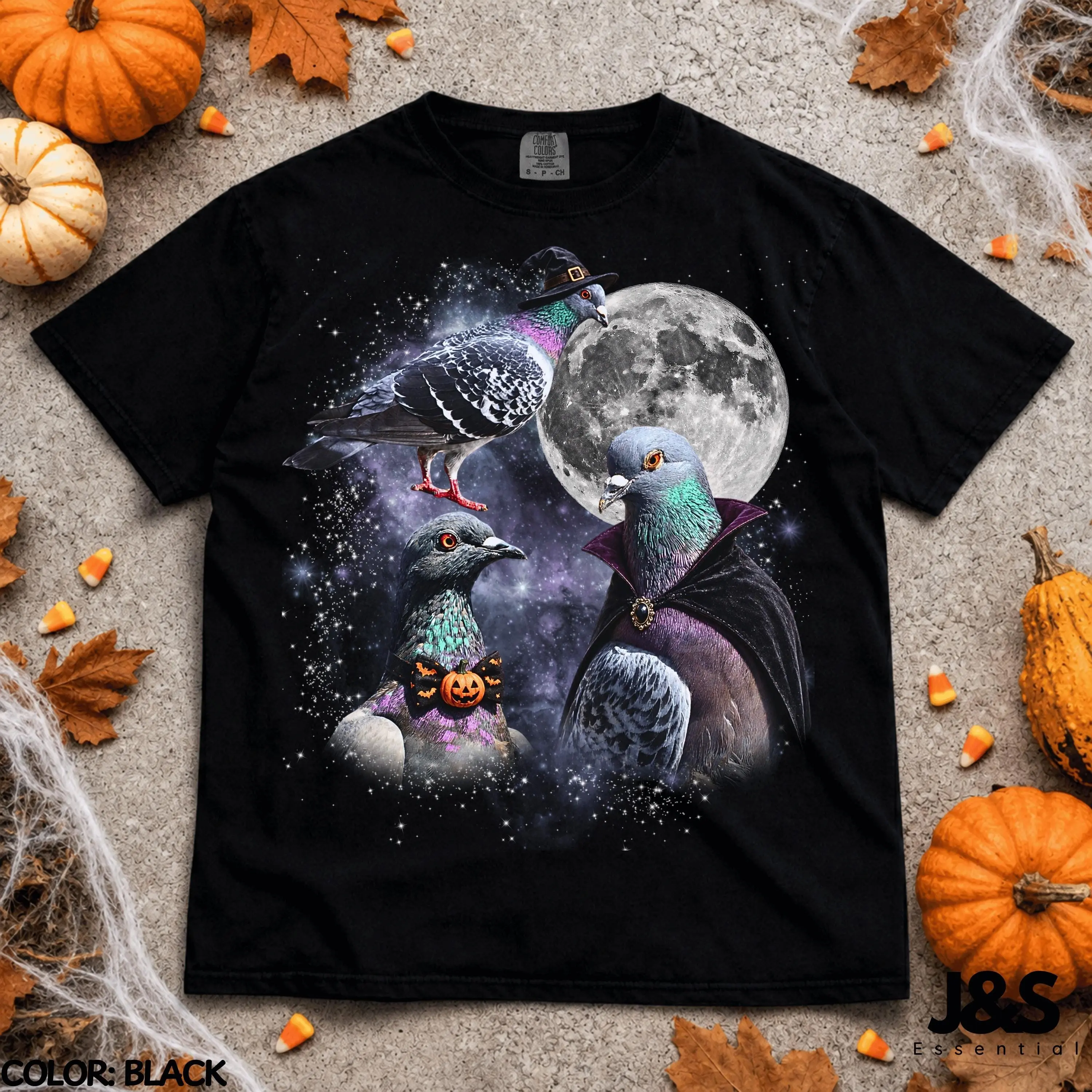 Three Halloween Pigeon Moon Shirt, Spooky Witch Vampire Bird Tee, Funny Birdwatching Lover Graphic Gift - photo 4