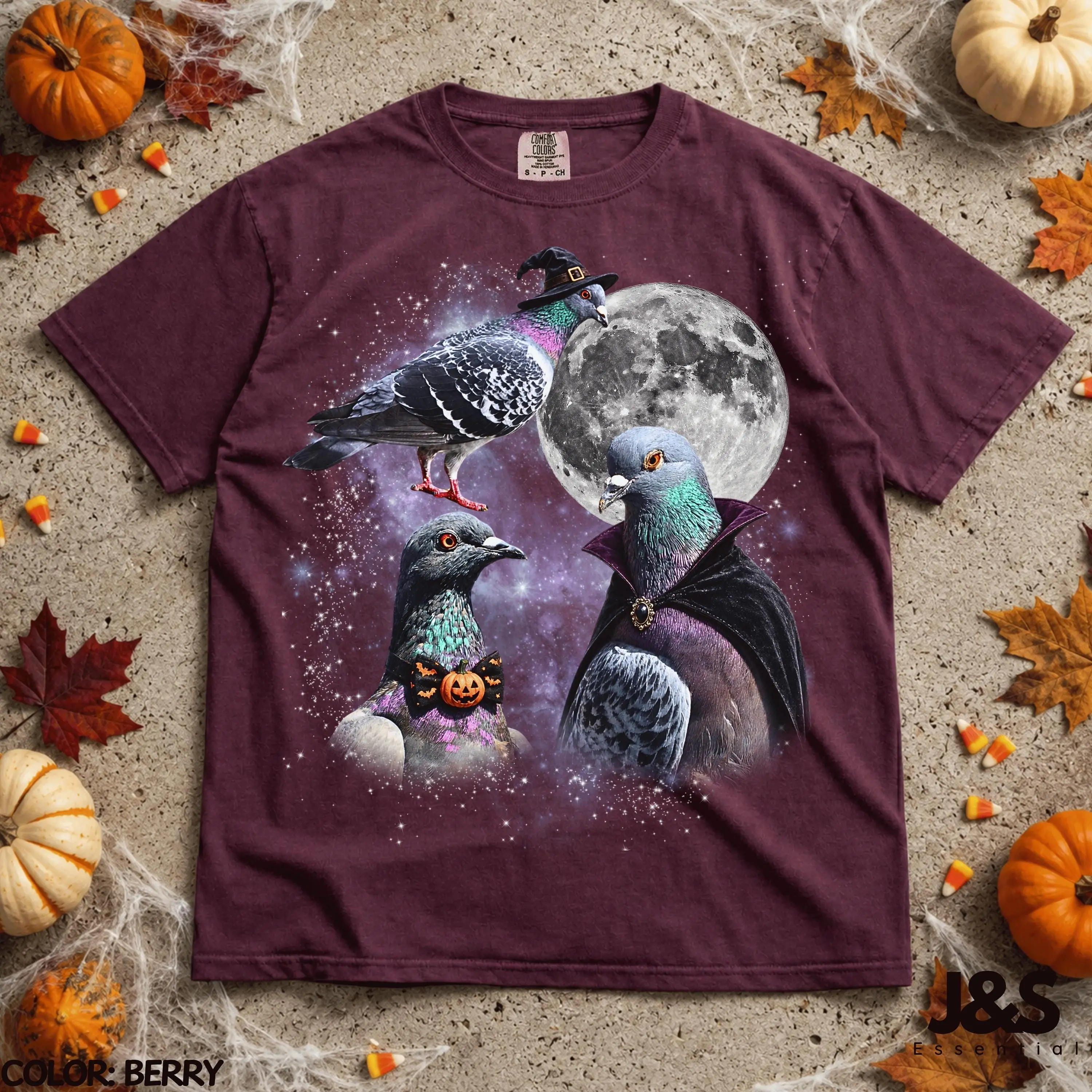 Three Halloween Pigeon Moon Shirt, Spooky Witch Vampire Bird Tee, Funny Birdwatching Lover Graphic Gift - photo 5