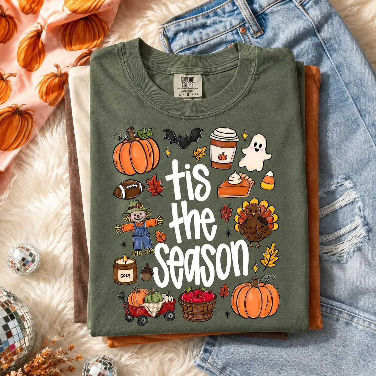 Comfort Colors Tis The Season Fall T-Shirt, Hand Drawn Happy Halloween Sublimation Tee