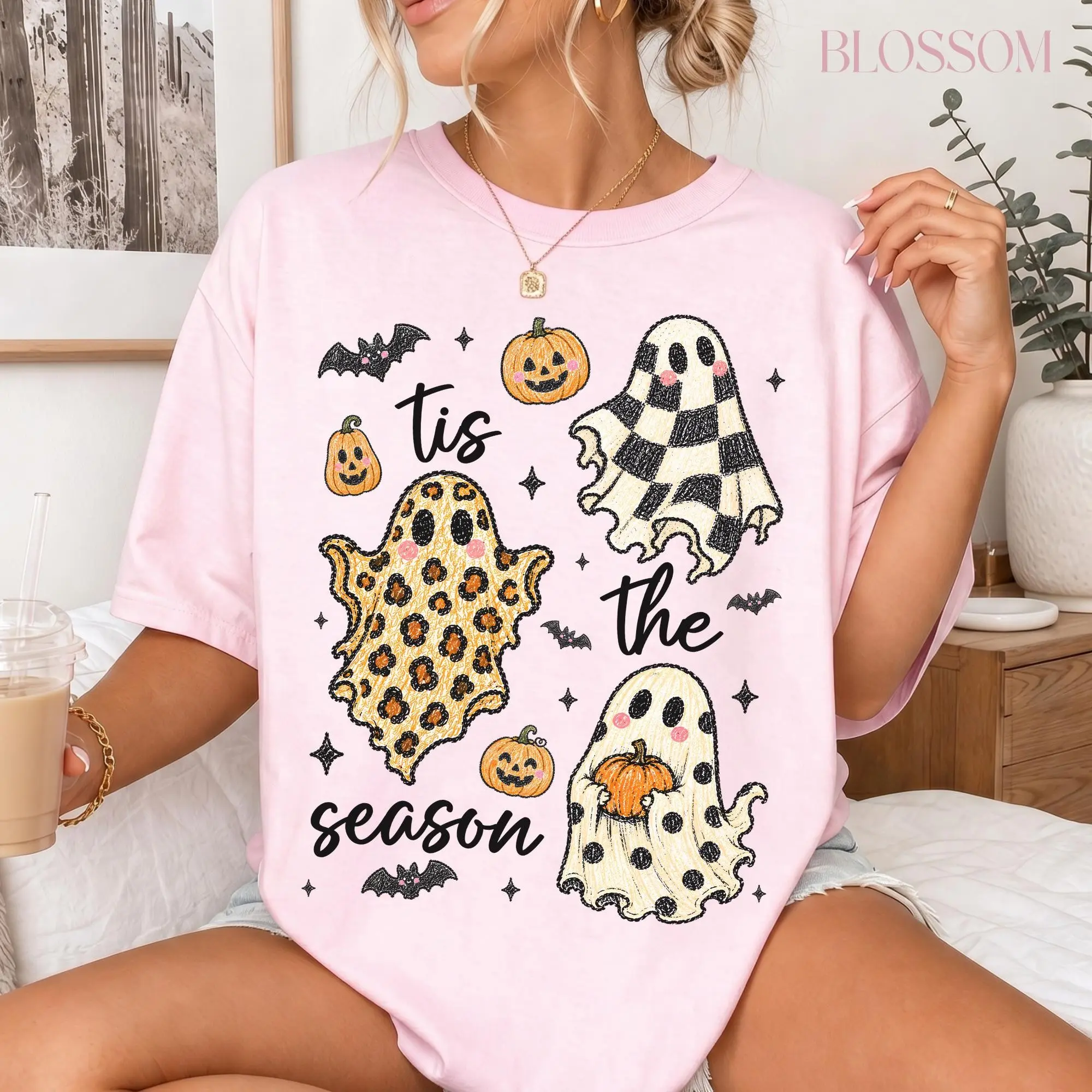 Tis the Season Fall Shirt, Retro Ghost Pumpkin Lover Halloween Graphic Tee Gift for Women - photo 4